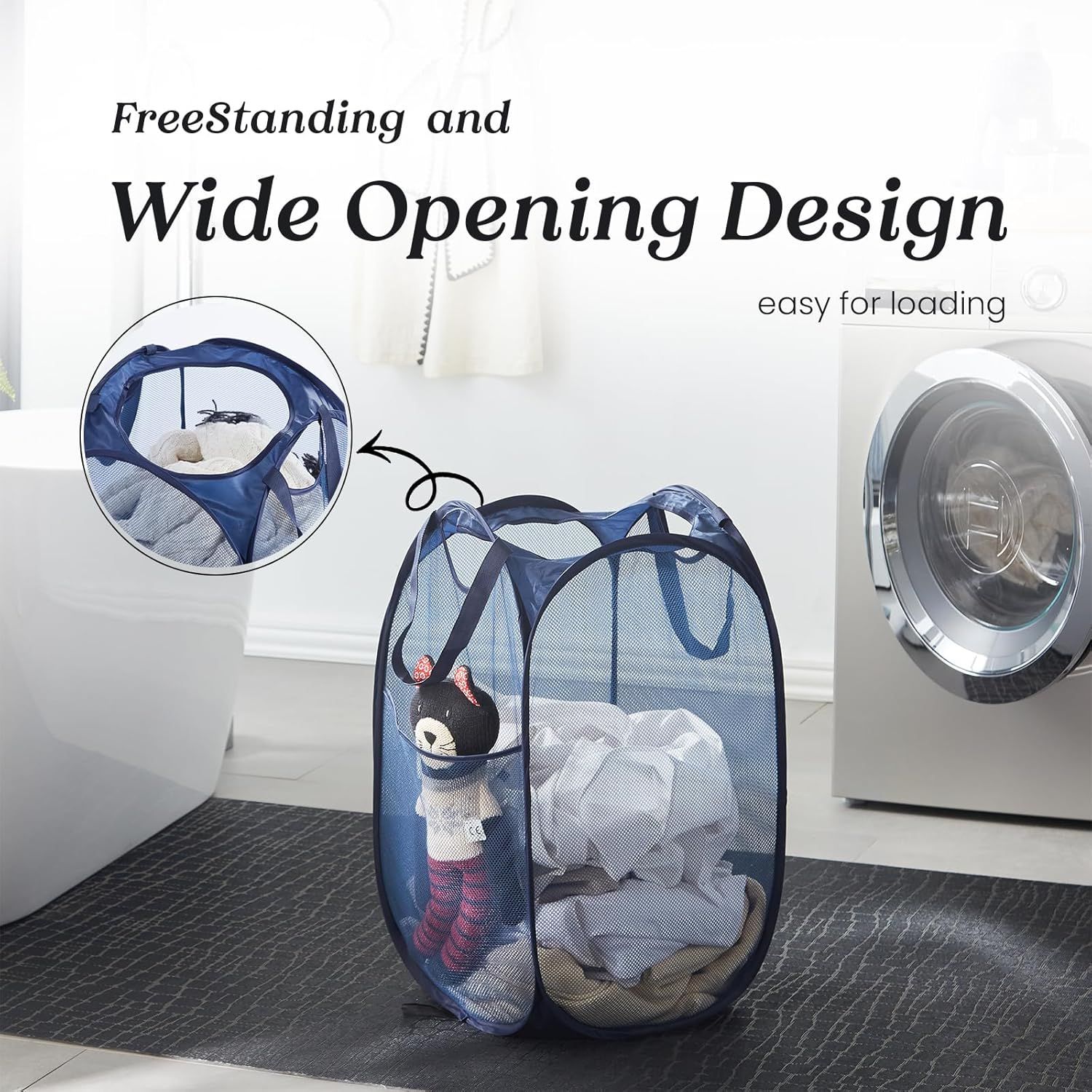 Collapsible Pop Up Laundry Basket, Hamper with Sturdy Handles and Side Pocket - Mesh Portable Foldable Dirty Clothes Hamper for Dorm, Laundry room, Bathroom and Travel Storage, Navy Blue - Image 5