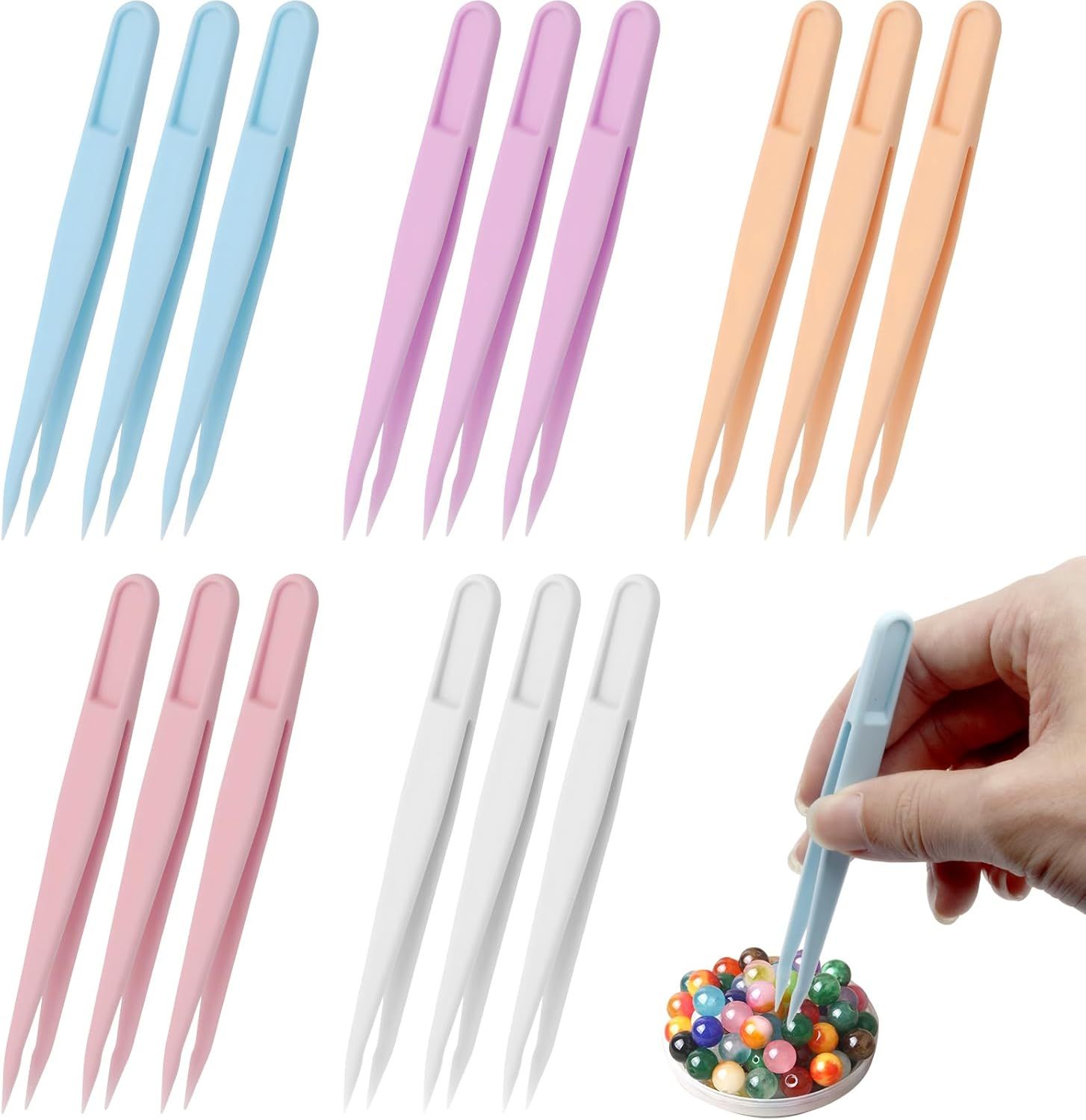 15PCS Multi-Colors Plastic Tweezers, Plastic Fuse Beads Forceps for DIY Craft Jewelry Making Family, Handmake Beads Crafts Tweezers/Manual DIY Creative Craft Game Tool for Beading Projects - Image 1