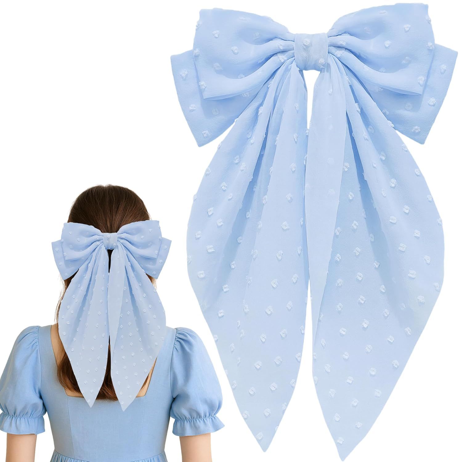 8 Inch Hair Bows Barrettes for Women & Girls Large Satin Bow Hair Clip with Long Tail - Elegant Hair Ribbon for French Stylish Looks -Chic Soft Cloth Oversized Bows Hair Accessories (Blue) - Image 1