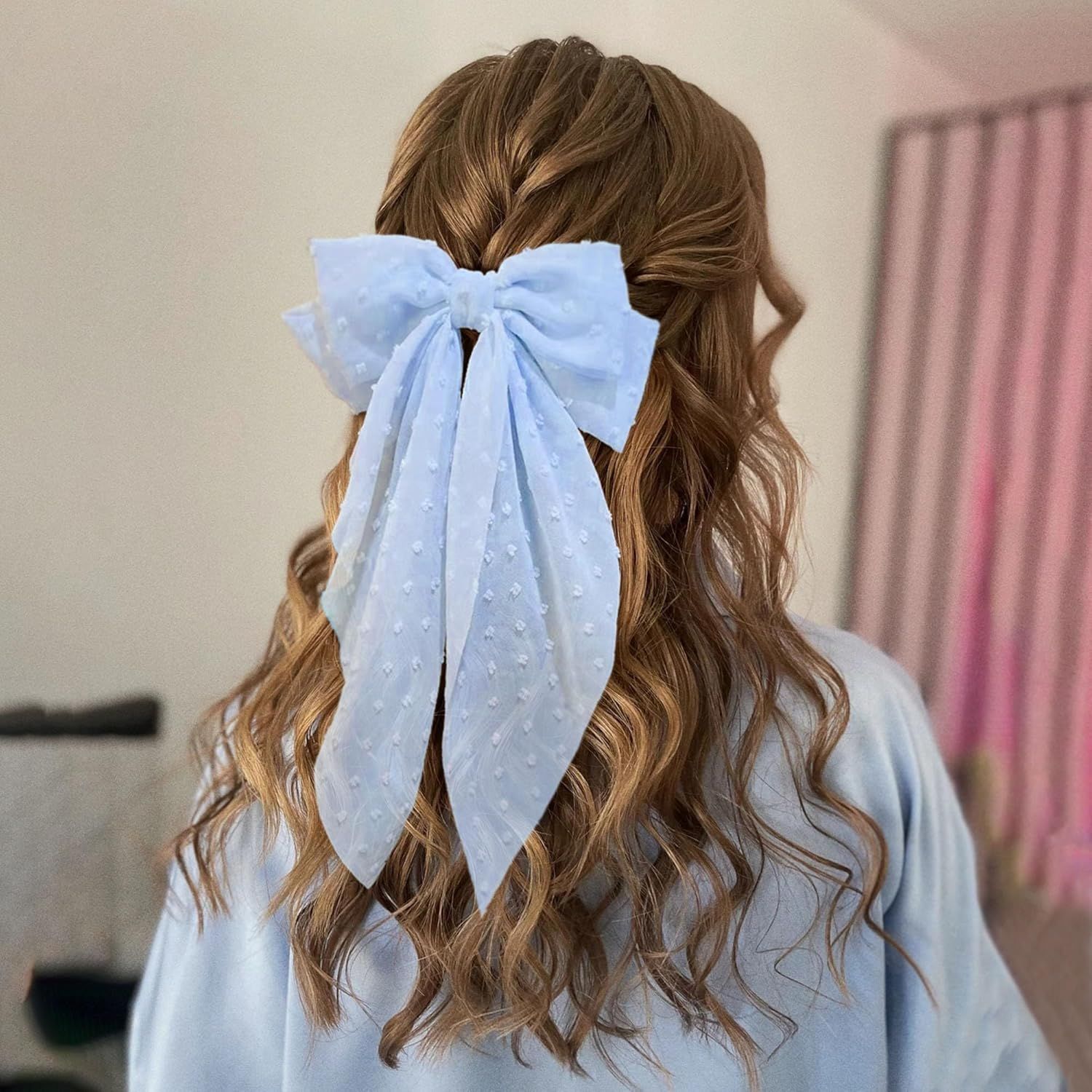 8 Inch Hair Bows Barrettes for Women & Girls Large Satin Bow Hair Clip with Long Tail - Elegant Hair Ribbon for French Stylish Looks -Chic Soft Cloth Oversized Bows Hair Accessories (Blue) - Image 2