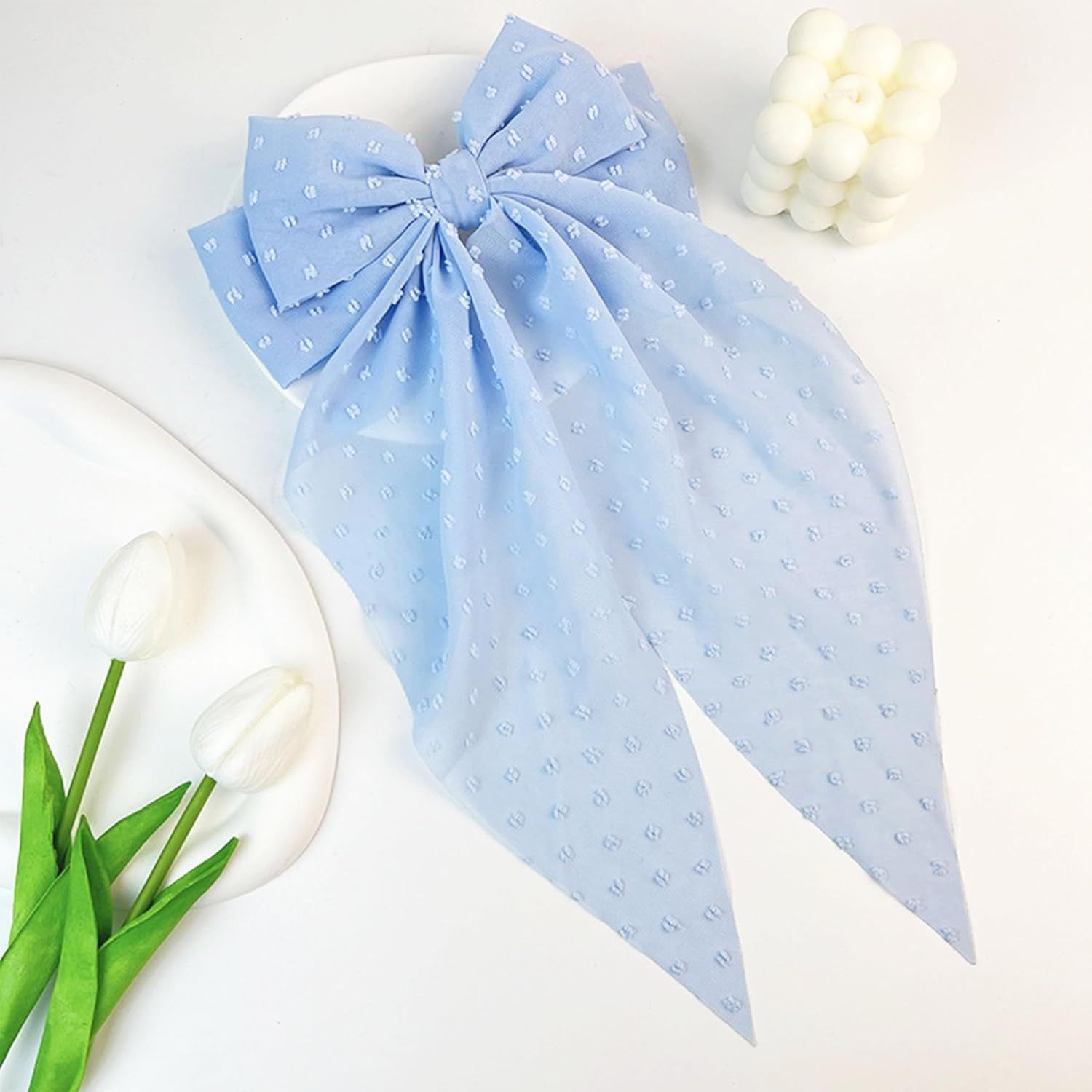 8 Inch Hair Bows Barrettes for Women & Girls Large Satin Bow Hair Clip with Long Tail - Elegant Hair Ribbon for French Stylish Looks -Chic Soft Cloth Oversized Bows Hair Accessories (Blue) - Image 4