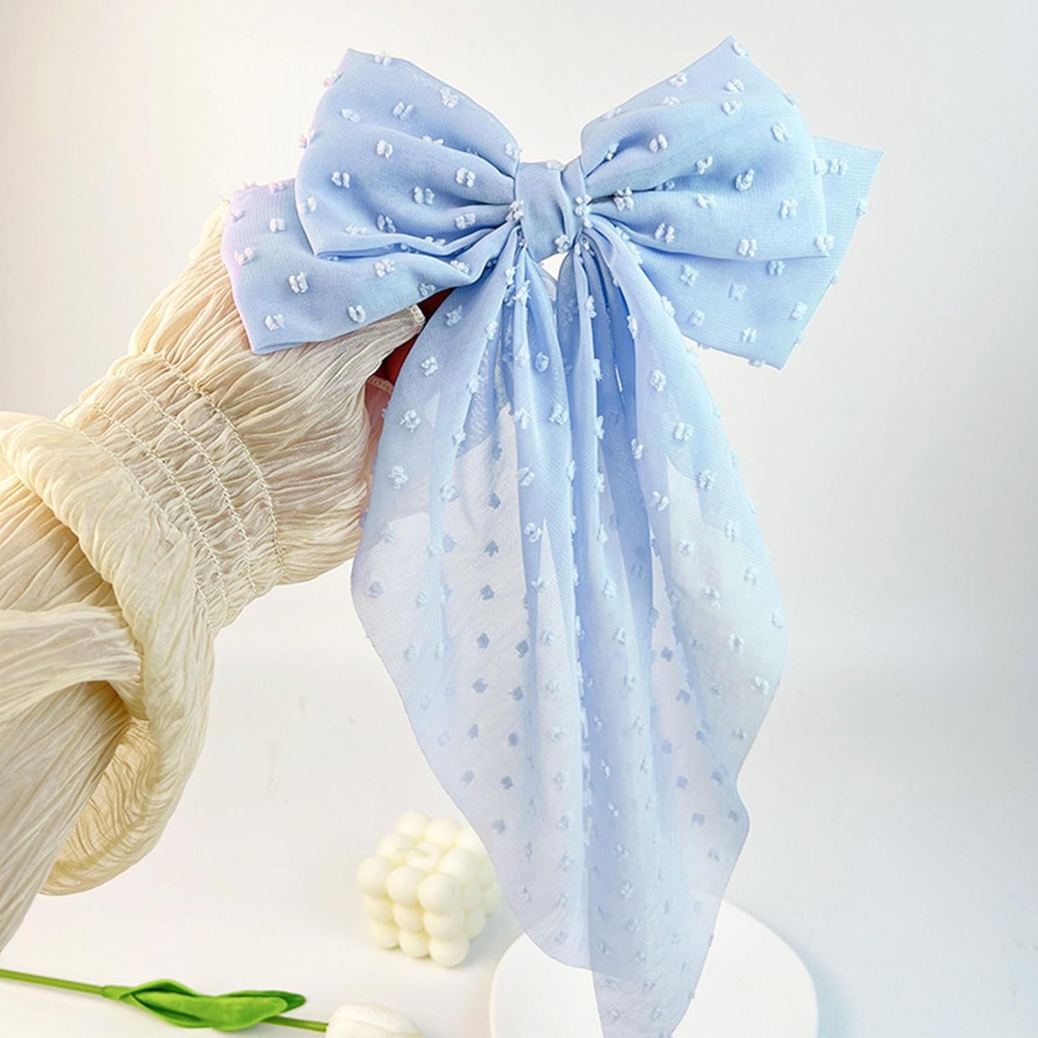 8 Inch Hair Bows Barrettes for Women & Girls Large Satin Bow Hair Clip with Long Tail - Elegant Hair Ribbon for French Stylish Looks -Chic Soft Cloth Oversized Bows Hair Accessories (Blue) - Image 5