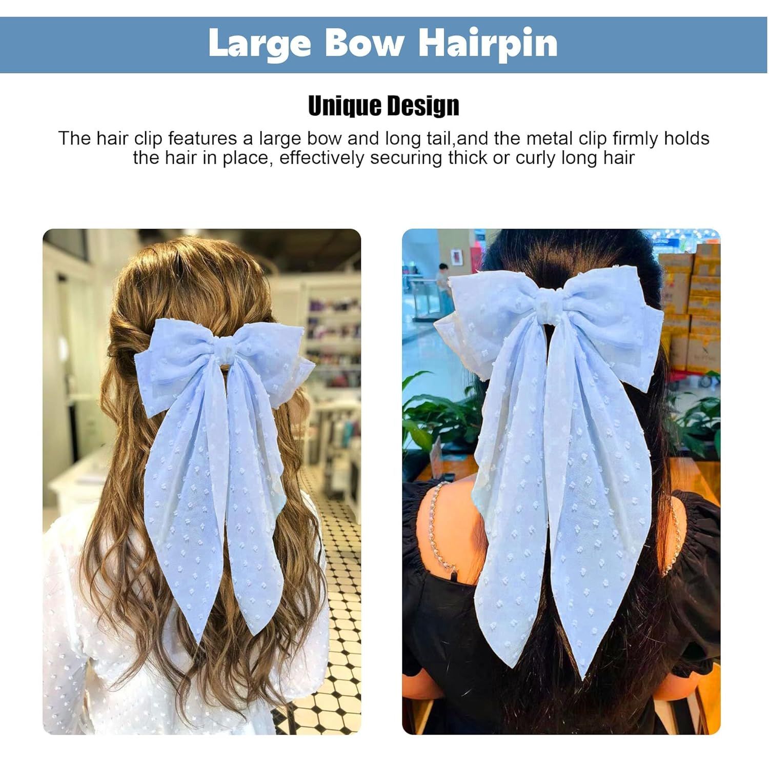 8 Inch Hair Bows Barrettes for Women & Girls Large Satin Bow Hair Clip with Long Tail - Elegant Hair Ribbon for French Stylish Looks -Chic Soft Cloth Oversized Bows Hair Accessories (Blue) - Image 7