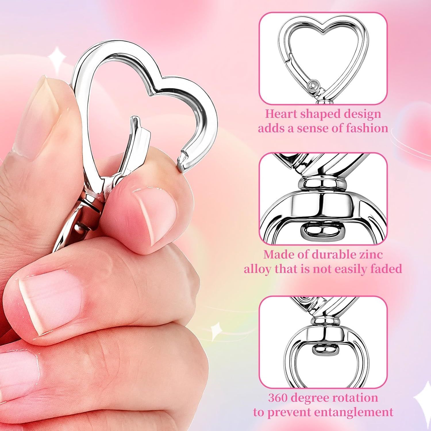 Heart Keychain Clips 20PCS Silver, DIY Creative Key Ring Metal Heart Shape Keychain, Zinc Alloy Hearting Key Chain Snap Hook Carabiner Clip for Wristlets, Heart Shaped Spring Buckles Jewelry Kit - Image 4