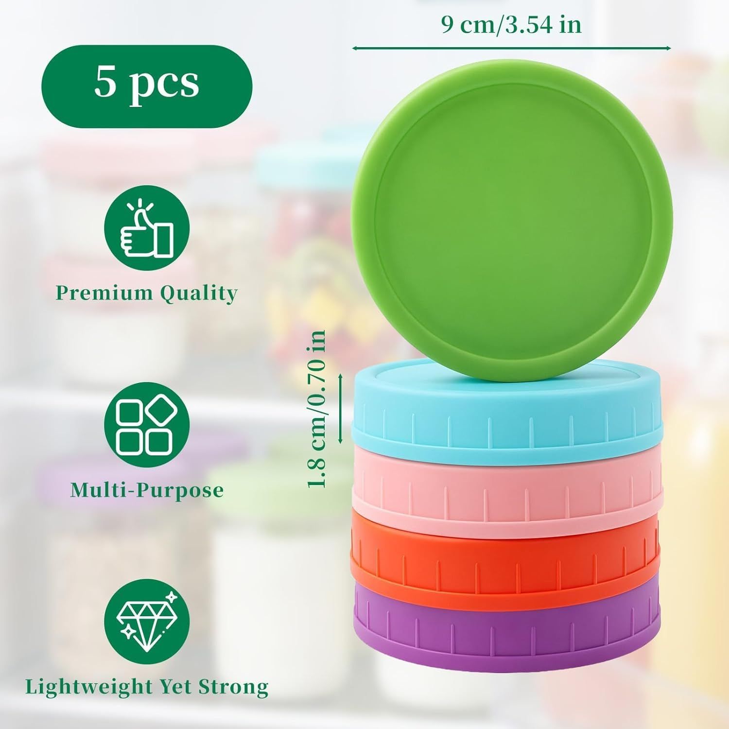 5 Pcs Wide Mouth Mason Jar Lids, 86mm Plastic Storage Caps for Wide Mouth Jars Covers - Reusable Storage Caps/Jar Lids for Mason Glass Jars - Leak-Proof Sealing Covers/Dishwasher Safe - Image 2