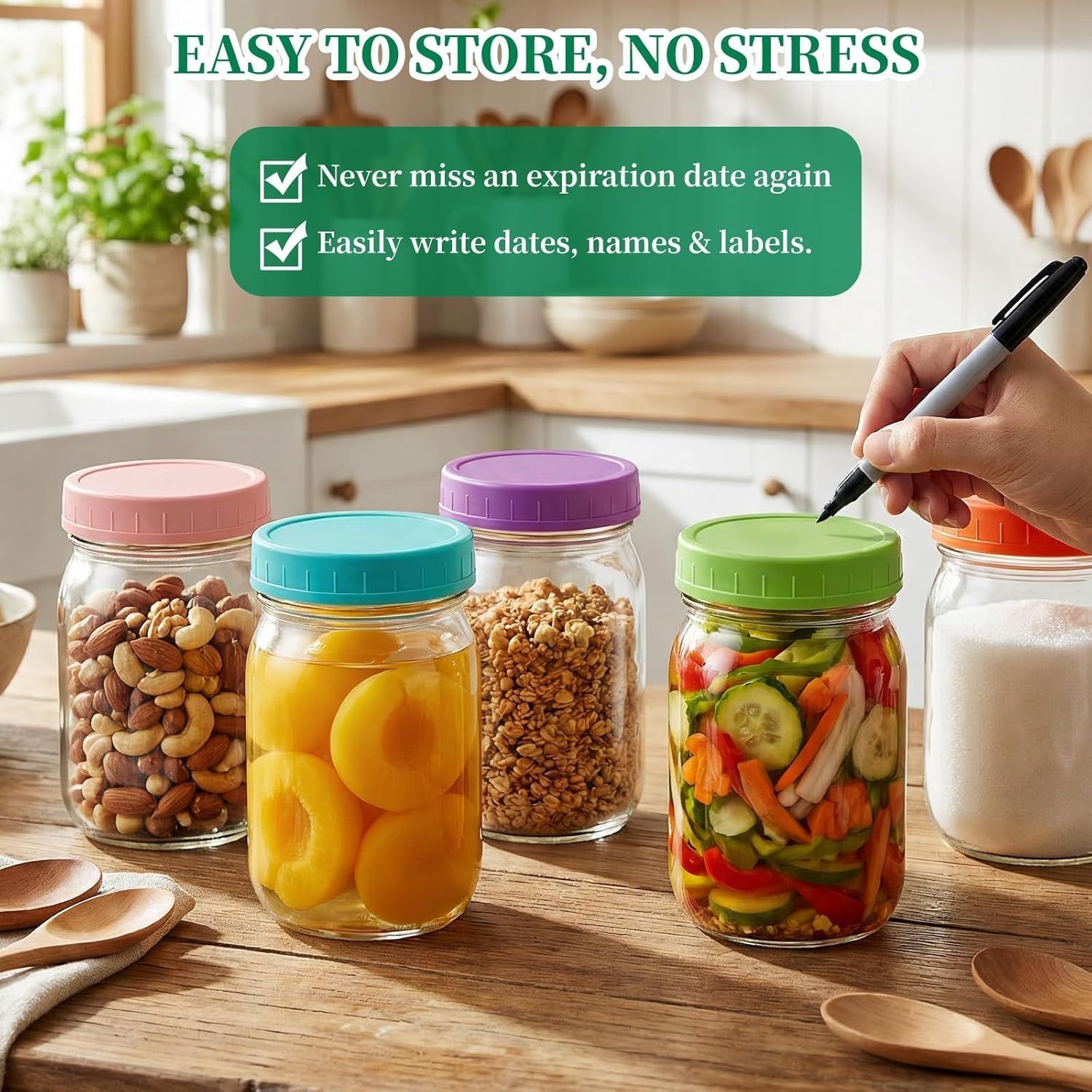 5 Pcs Wide Mouth Mason Jar Lids, 86mm Plastic Storage Caps for Wide Mouth Jars Covers - Reusable Storage Caps/Jar Lids for Mason Glass Jars - Leak-Proof Sealing Covers/Dishwasher Safe - Image 3