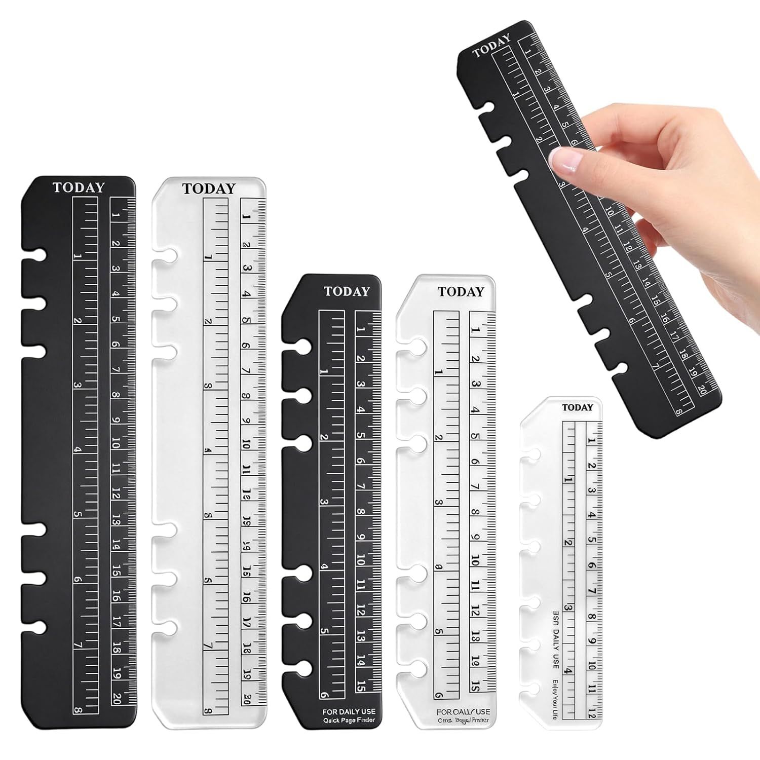 5PCS Planner Ruler for A5 A6 A7 Binder, 6-Ring Page Marker for Spiral Notebook, Snap-in Plastic Bookmark Rulers, 6-Hole Ruler Inser Planner Bookmark for A5 A6 A7 (Black/Clear) - Image 1