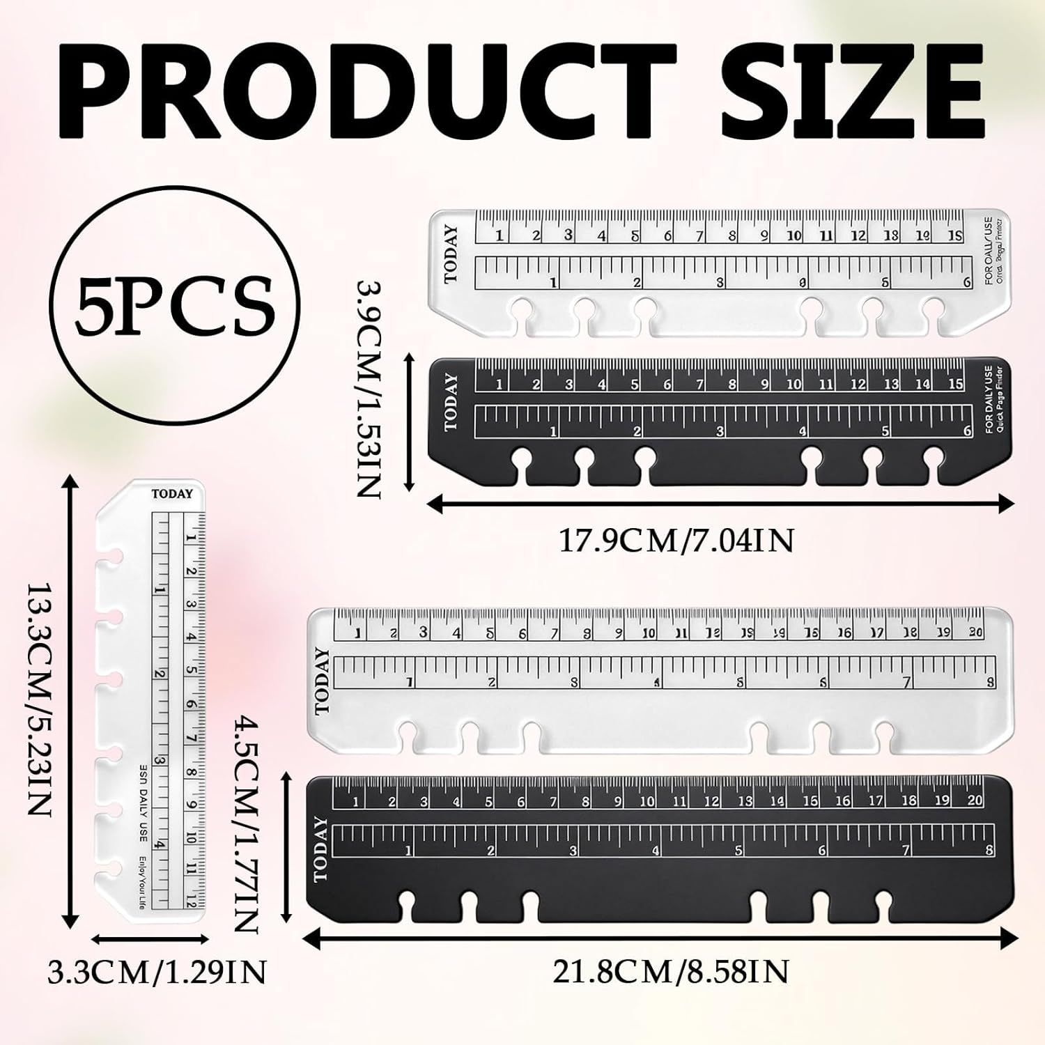 5PCS Planner Ruler for A5 A6 A7 Binder, 6-Ring Page Marker for Spiral Notebook, Snap-in Plastic Bookmark Rulers, 6-Hole Ruler Inser Planner Bookmark for A5 A6 A7 (Black/Clear) - Image 2