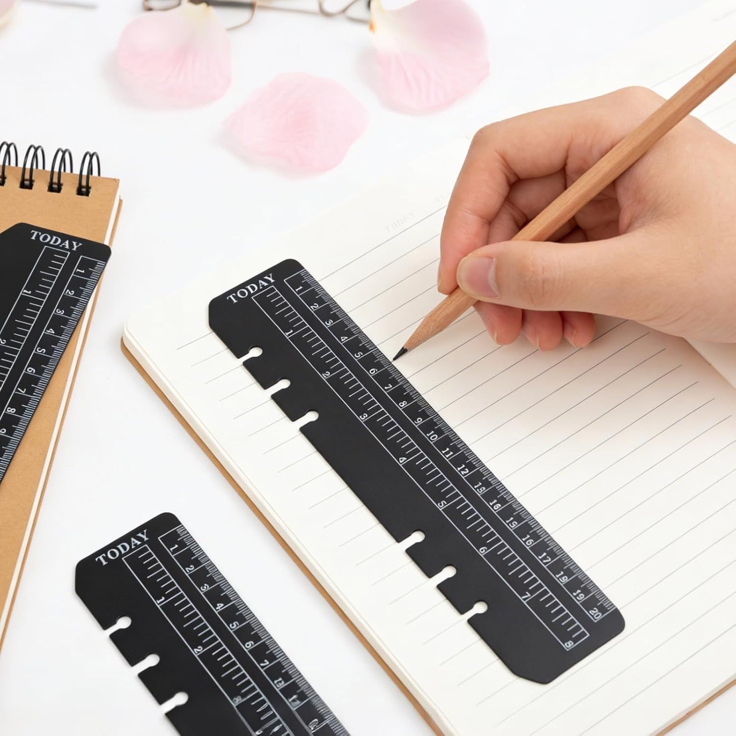 5PCS Planner Ruler for A5 A6 A7 Binder, 6-Ring Page Marker for Spiral Notebook, Snap-in Plastic Bookmark Rulers, 6-Hole Ruler Inser Planner Bookmark for A5 A6 A7 (Black/Clear) - Image 4