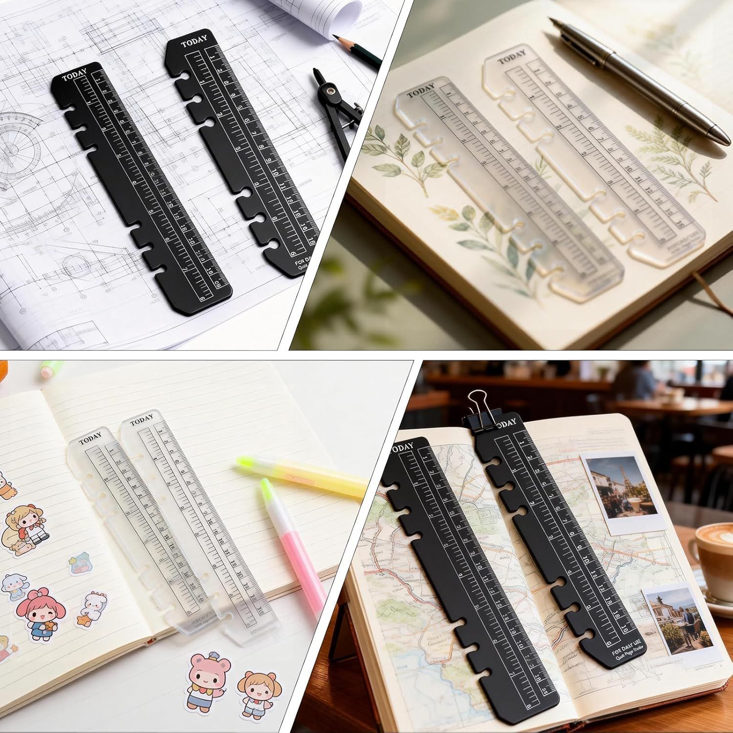5PCS Planner Ruler for A5 A6 A7 Binder, 6-Ring Page Marker for Spiral Notebook, Snap-in Plastic Bookmark Rulers, 6-Hole Ruler Inser Planner Bookmark for A5 A6 A7 (Black/Clear) - Image 6