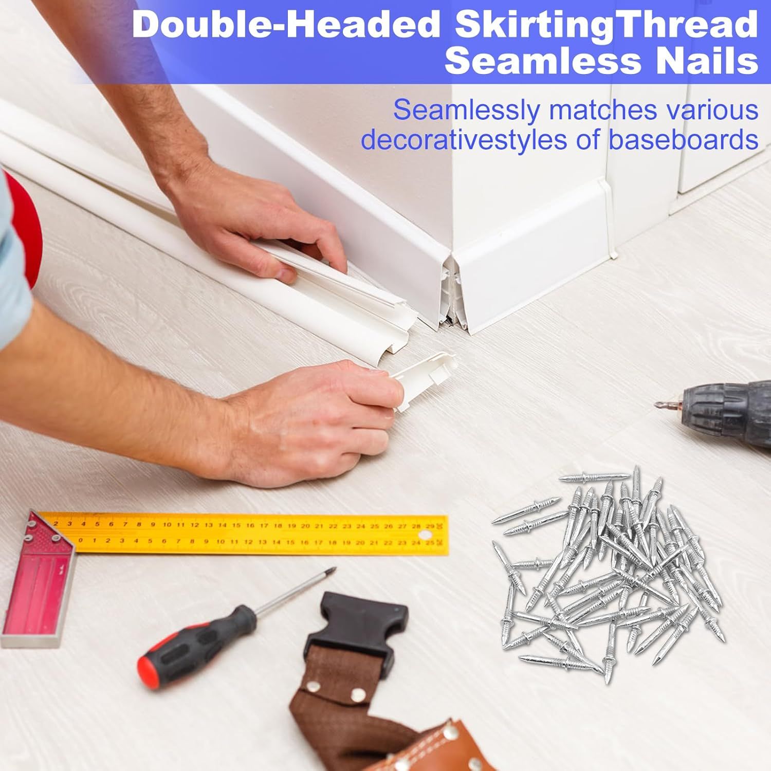 Double Headed Skirting Nails, 50PCS Invisible Seamless Baseboard Screws, Solid Wood Baseboard Double-Headed Nails, Double Sided Nails for Wood, Skirting Line Without Marks Nail for Solid Wood Trim - Image 6