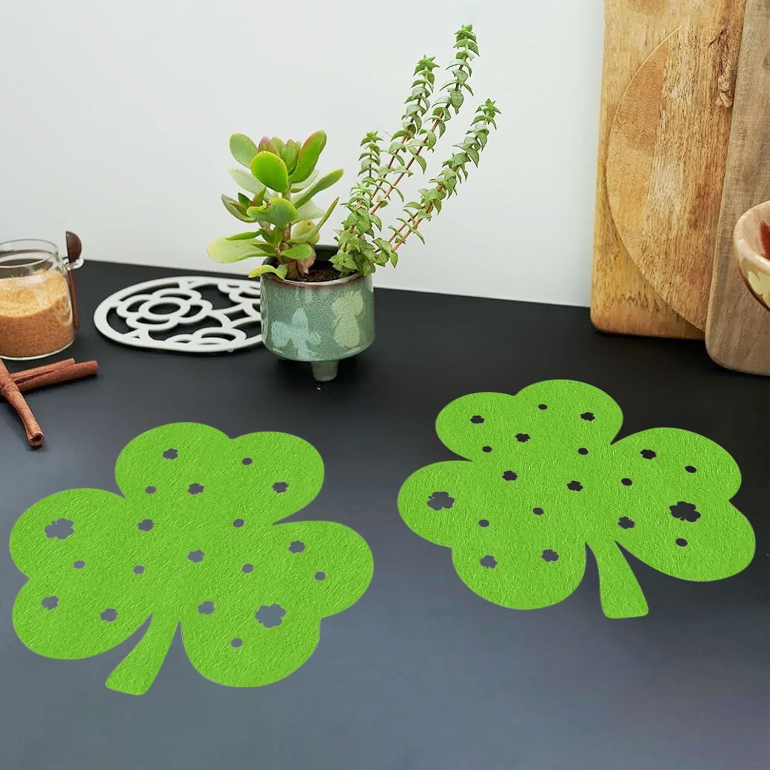 St Patricks Day Placemats Set of 4, Felt Green Shamrock Place Mats, Lucky Clover Table Mats for St Patrick's Day Irish Holiday Party Kitchen Dining Outdoor Indoor Decoration (Light Green) - Image 2