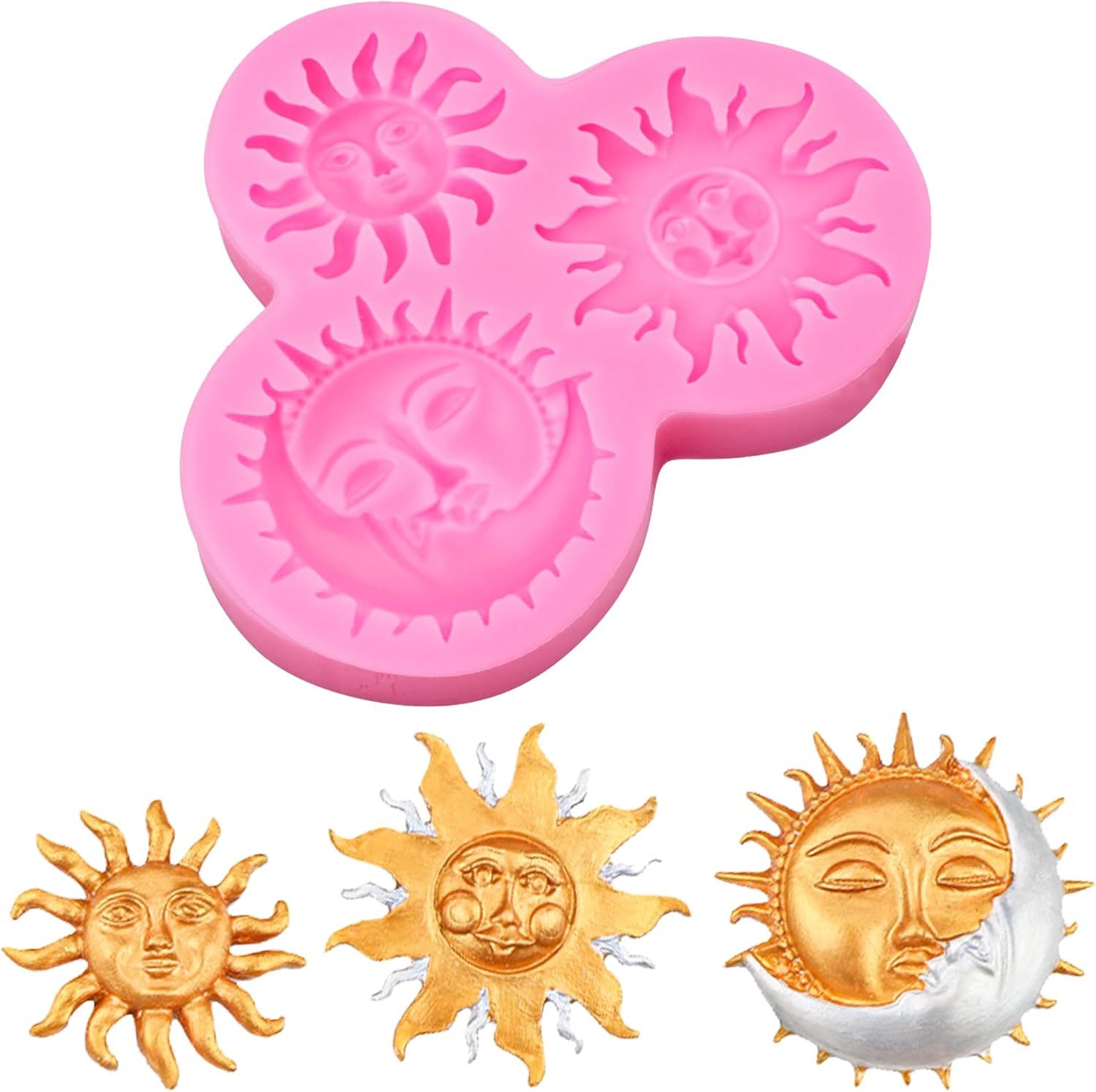 Sun Moon Face Fondant Mold, Silicone Chocolate Candy Mold for DIY Baking Sugar Craft Gum Resin Clay Cake Decorating, Pink - Image 1