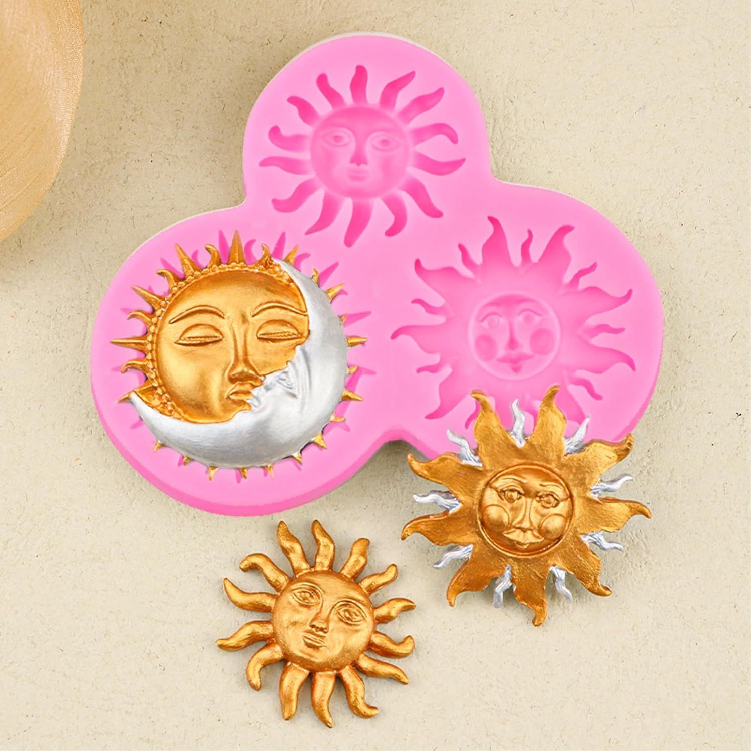 Sun Moon Face Fondant Mold, Silicone Chocolate Candy Mold for DIY Baking Sugar Craft Gum Resin Clay Cake Decorating, Pink - Image 2