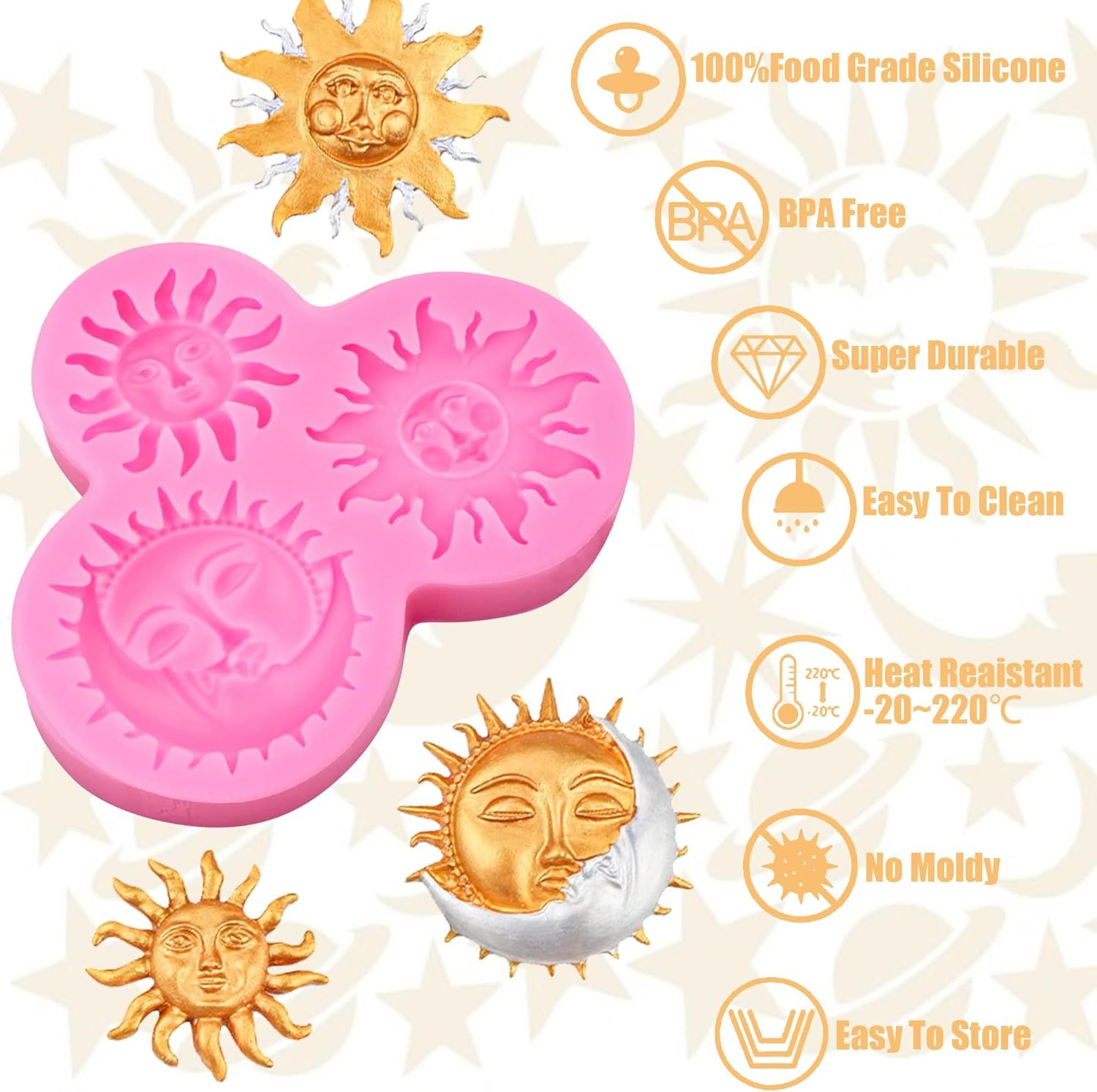 Sun Moon Face Fondant Mold, Silicone Chocolate Candy Mold for DIY Baking Sugar Craft Gum Resin Clay Cake Decorating, Pink - Image 4