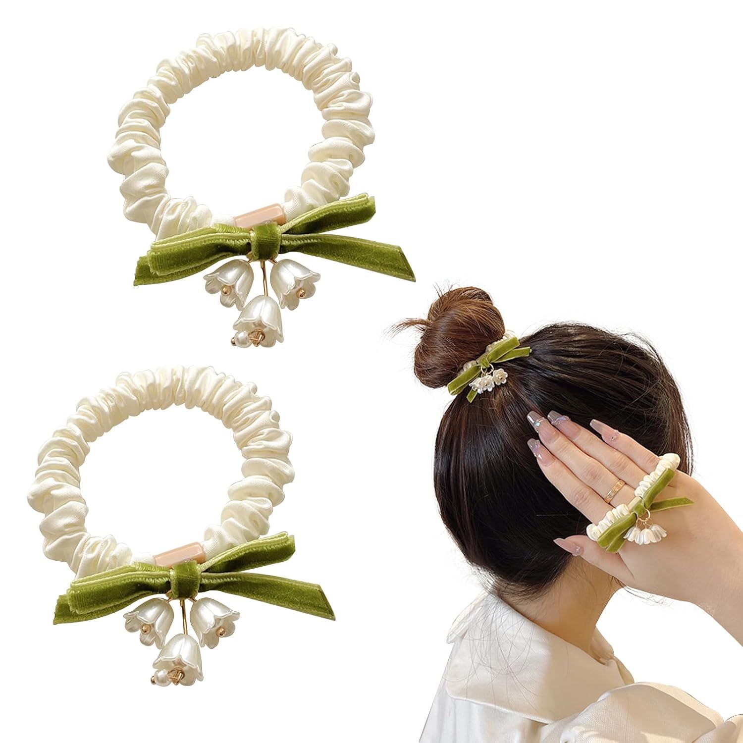 Elegant Lily of the Valley Floral Hair Ties - 2 Pack Flower Hair Bands - Elastic Ponytail Holders Hair Tie No Damage Hair Accessories for Woman Girls Kids Gifts - Image 1