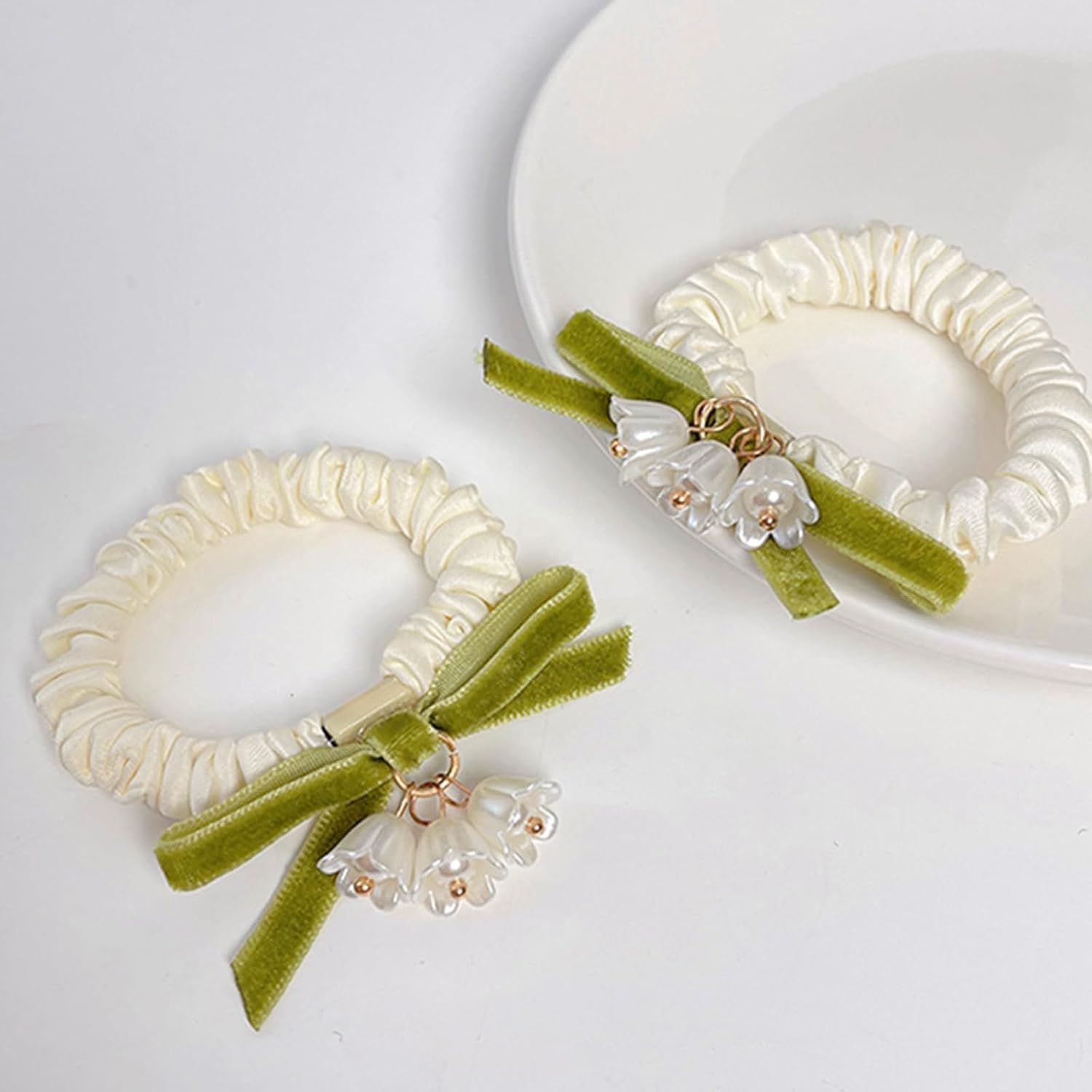 Elegant Lily of the Valley Floral Hair Ties - 2 Pack Flower Hair Bands - Elastic Ponytail Holders Hair Tie No Damage Hair Accessories for Woman Girls Kids Gifts - Image 3