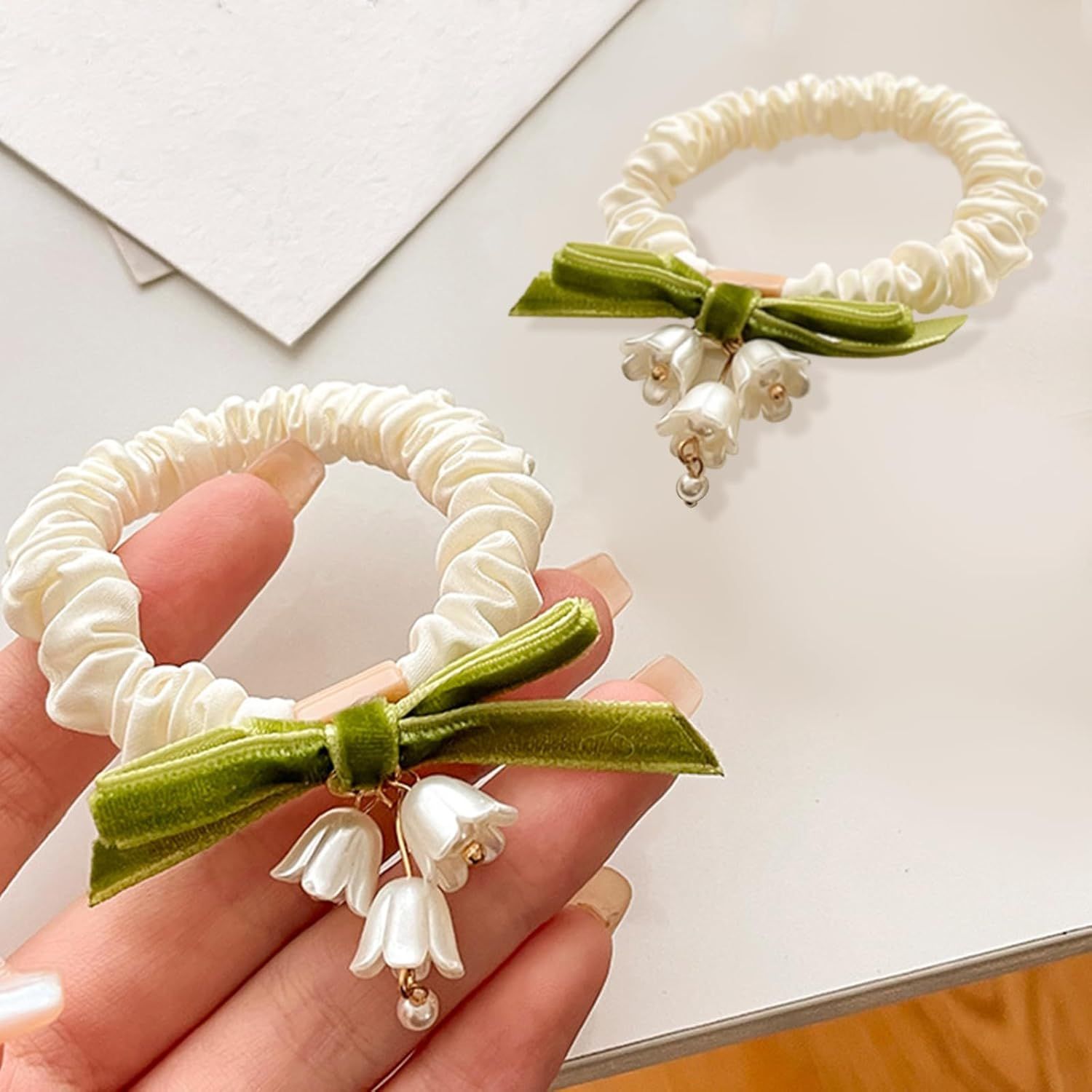 Elegant Lily of the Valley Floral Hair Ties - 2 Pack Flower Hair Bands - Elastic Ponytail Holders Hair Tie No Damage Hair Accessories for Woman Girls Kids Gifts - Image 4