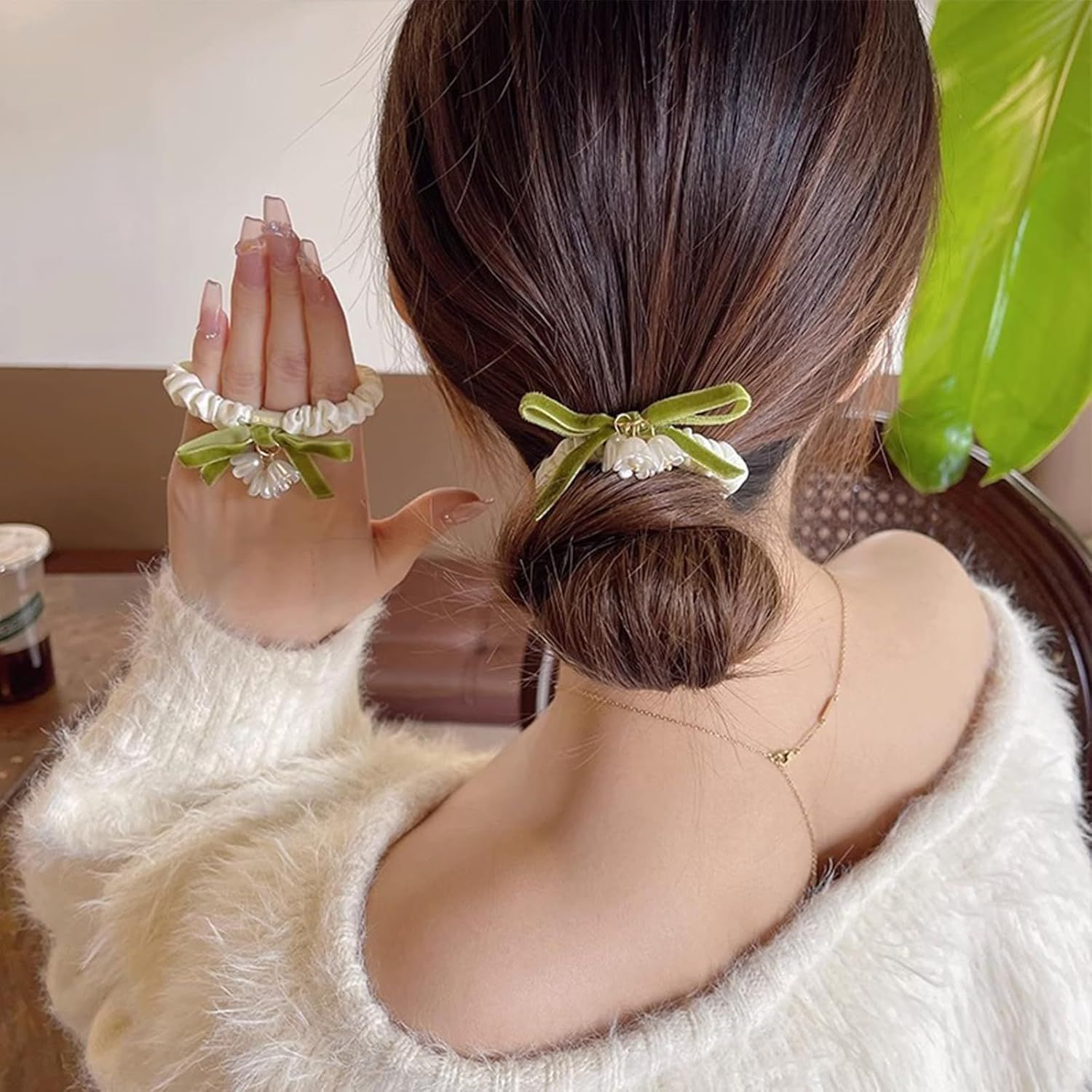 Elegant Lily of the Valley Floral Hair Ties - 2 Pack Flower Hair Bands - Elastic Ponytail Holders Hair Tie No Damage Hair Accessories for Woman Girls Kids Gifts - Image 5