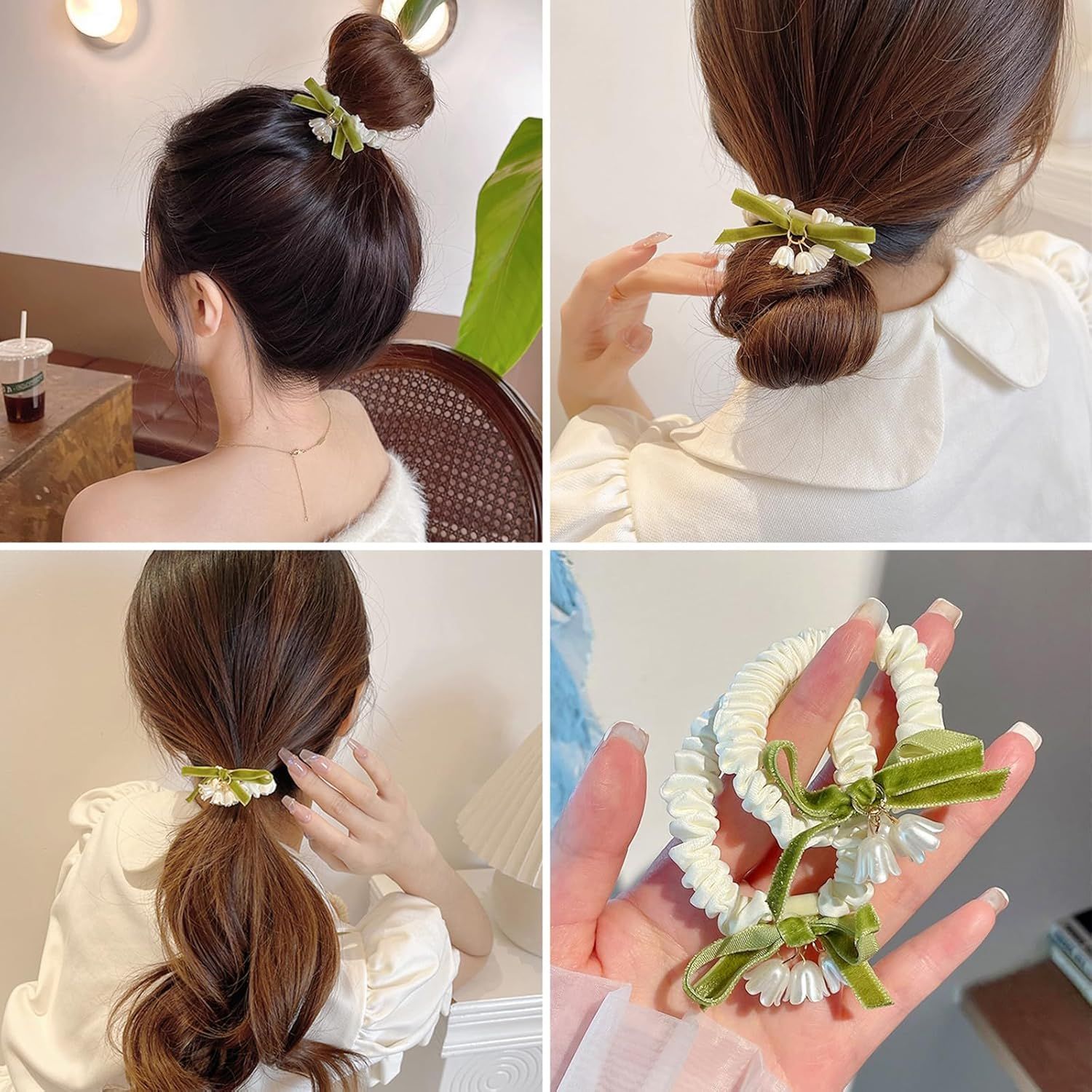 Elegant Lily of the Valley Floral Hair Ties - 2 Pack Flower Hair Bands - Elastic Ponytail Holders Hair Tie No Damage Hair Accessories for Woman Girls Kids Gifts - Image 6