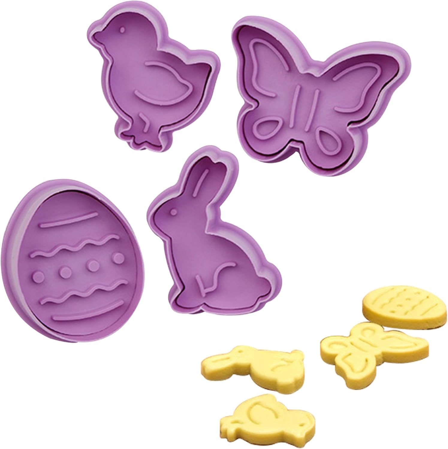 4Pcs Easter Cookie Cutters, Cartoon Easter Cookie Stamps, Cute Bunny Eggs Chick Butterfly Shapes Spring Biscuit Cutters Plastic Kitchen Tool for Fondant Cookie Baking Holiday Birthday Party Supplies - Image 1