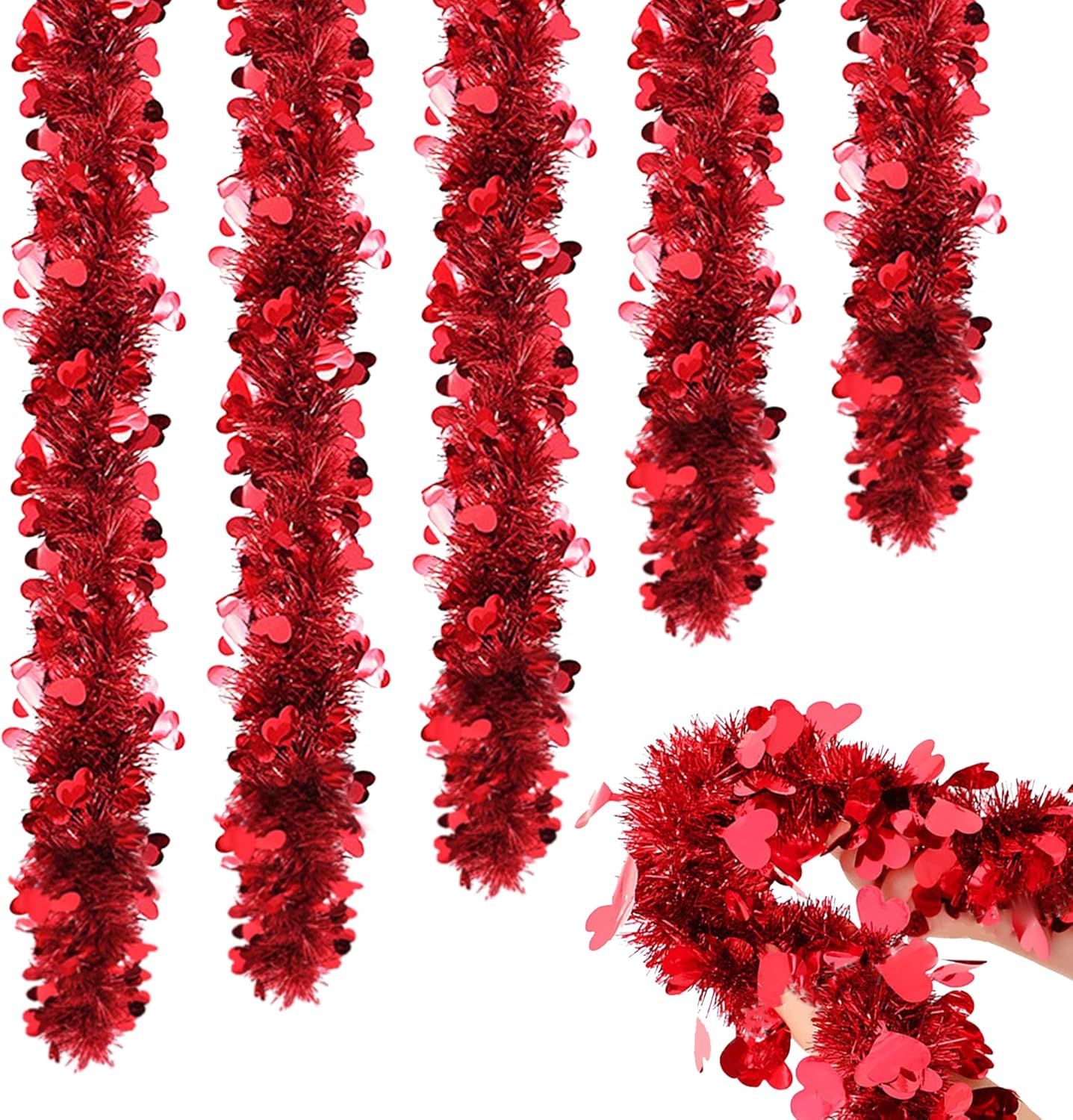 5Pcs 33Ft Valentine's Day Tinsel Garland, Red Heart Metallic Tinsel Twist Garland Shinny Hanging Heart Garlands for Tree Mantle Home Office Decor Wedding Anniversary Party Indoor Outdoor Decorations - Image 1