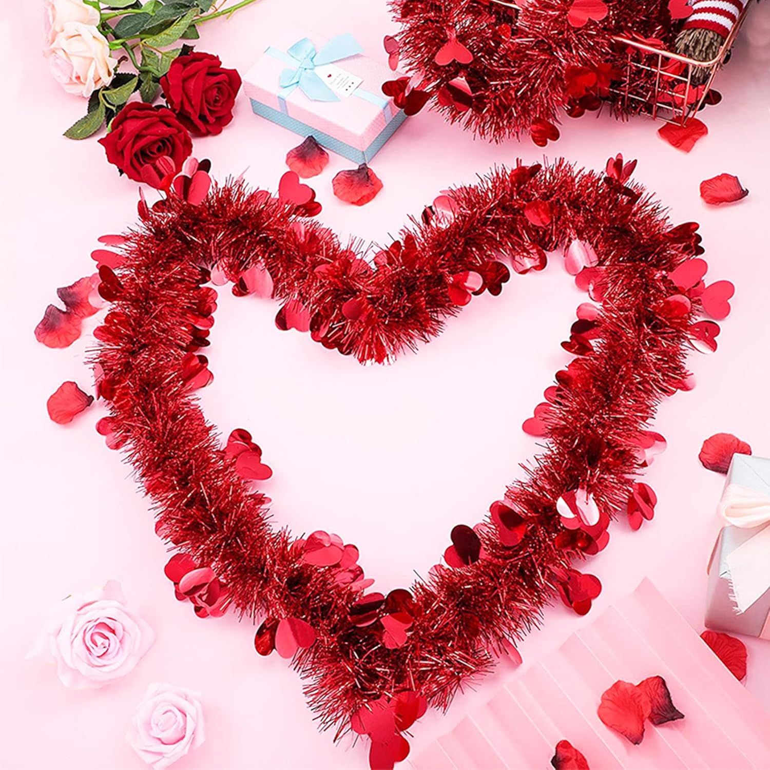 5Pcs 33Ft Valentine's Day Tinsel Garland, Red Heart Metallic Tinsel Twist Garland Shinny Hanging Heart Garlands for Tree Mantle Home Office Decor Wedding Anniversary Party Indoor Outdoor Decorations - Image 2