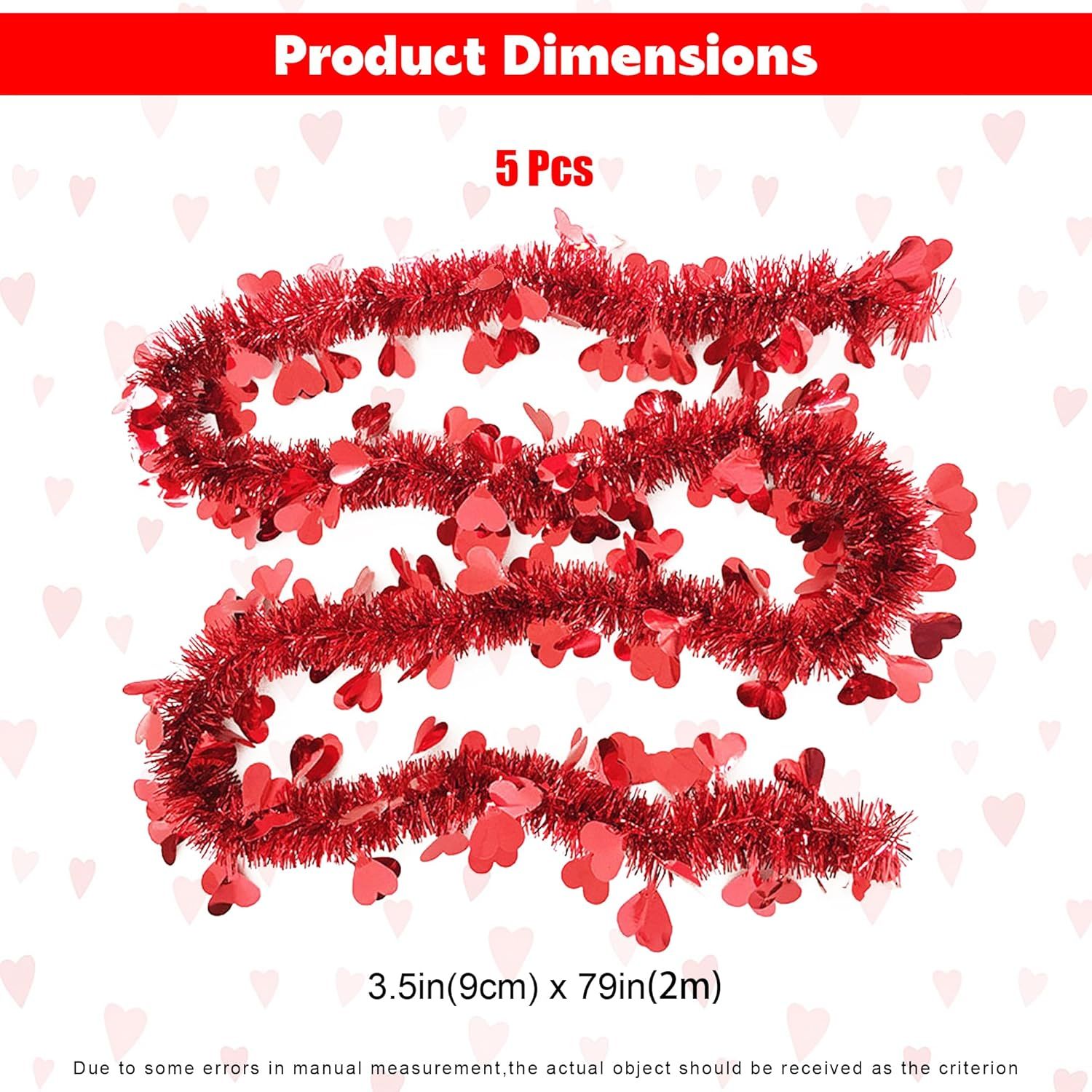 5Pcs 33Ft Valentine's Day Tinsel Garland, Red Heart Metallic Tinsel Twist Garland Shinny Hanging Heart Garlands for Tree Mantle Home Office Decor Wedding Anniversary Party Indoor Outdoor Decorations - Image 3