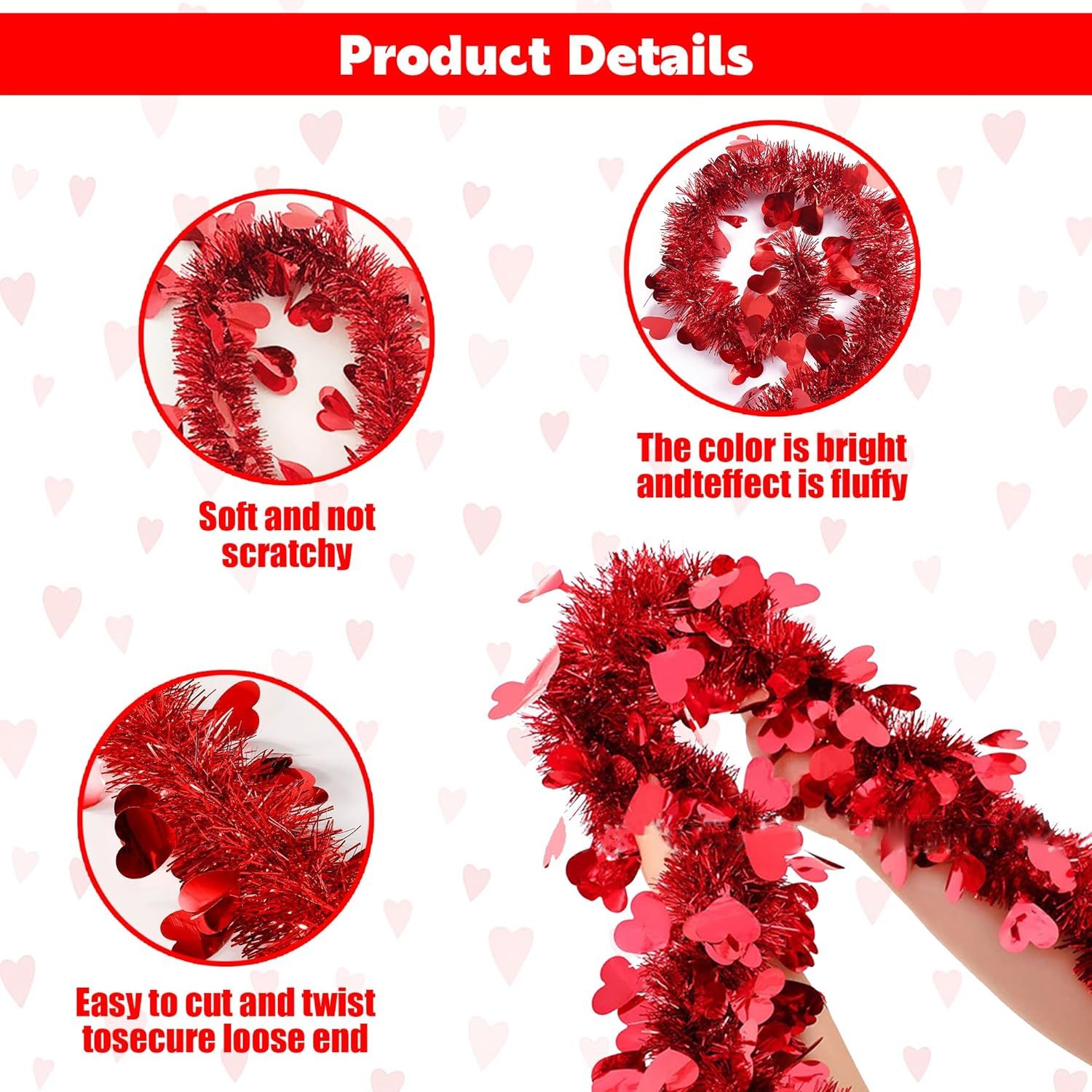 5Pcs 33Ft Valentine's Day Tinsel Garland, Red Heart Metallic Tinsel Twist Garland Shinny Hanging Heart Garlands for Tree Mantle Home Office Decor Wedding Anniversary Party Indoor Outdoor Decorations - Image 4