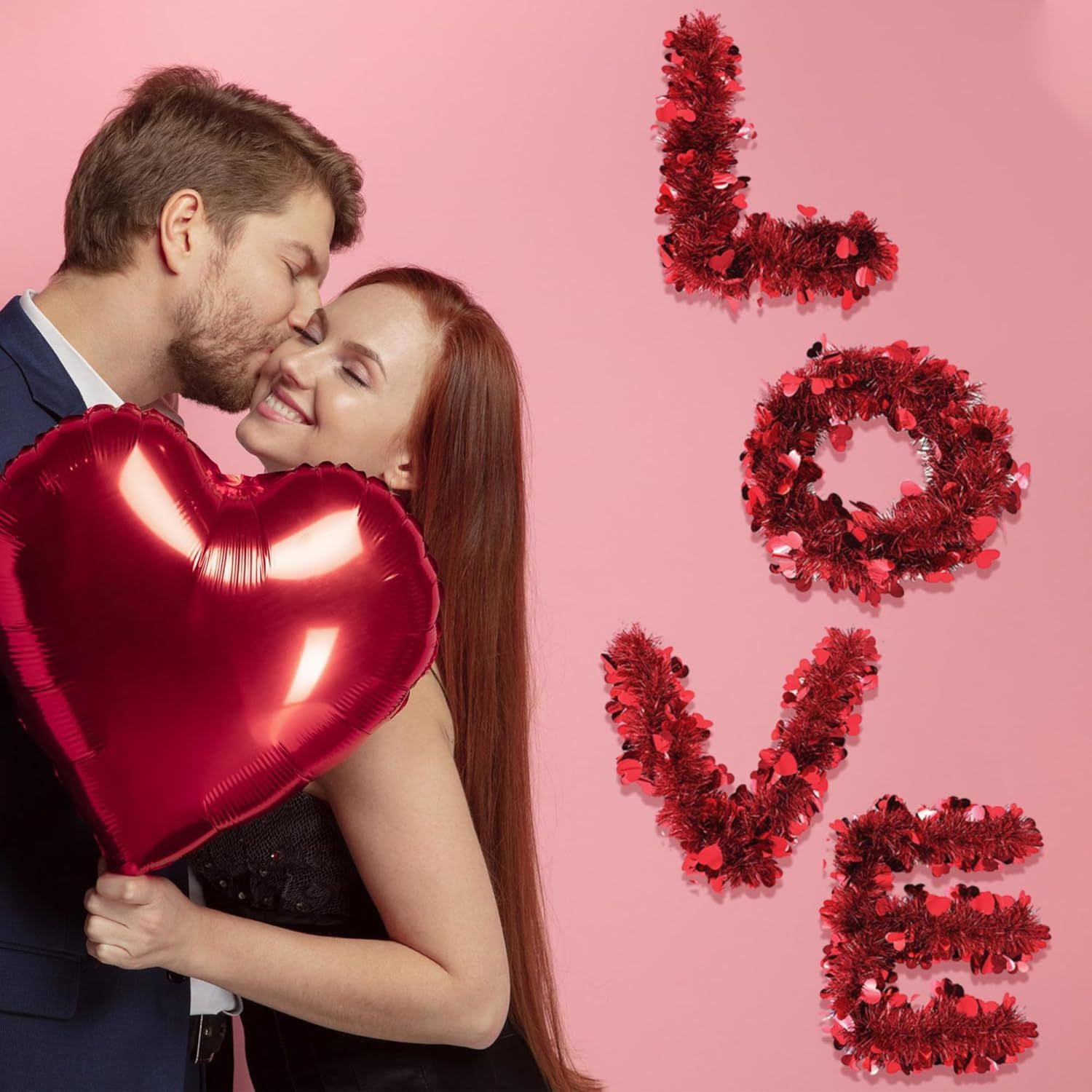 5Pcs 33Ft Valentine's Day Tinsel Garland, Red Heart Metallic Tinsel Twist Garland Shinny Hanging Heart Garlands for Tree Mantle Home Office Decor Wedding Anniversary Party Indoor Outdoor Decorations - Image 5