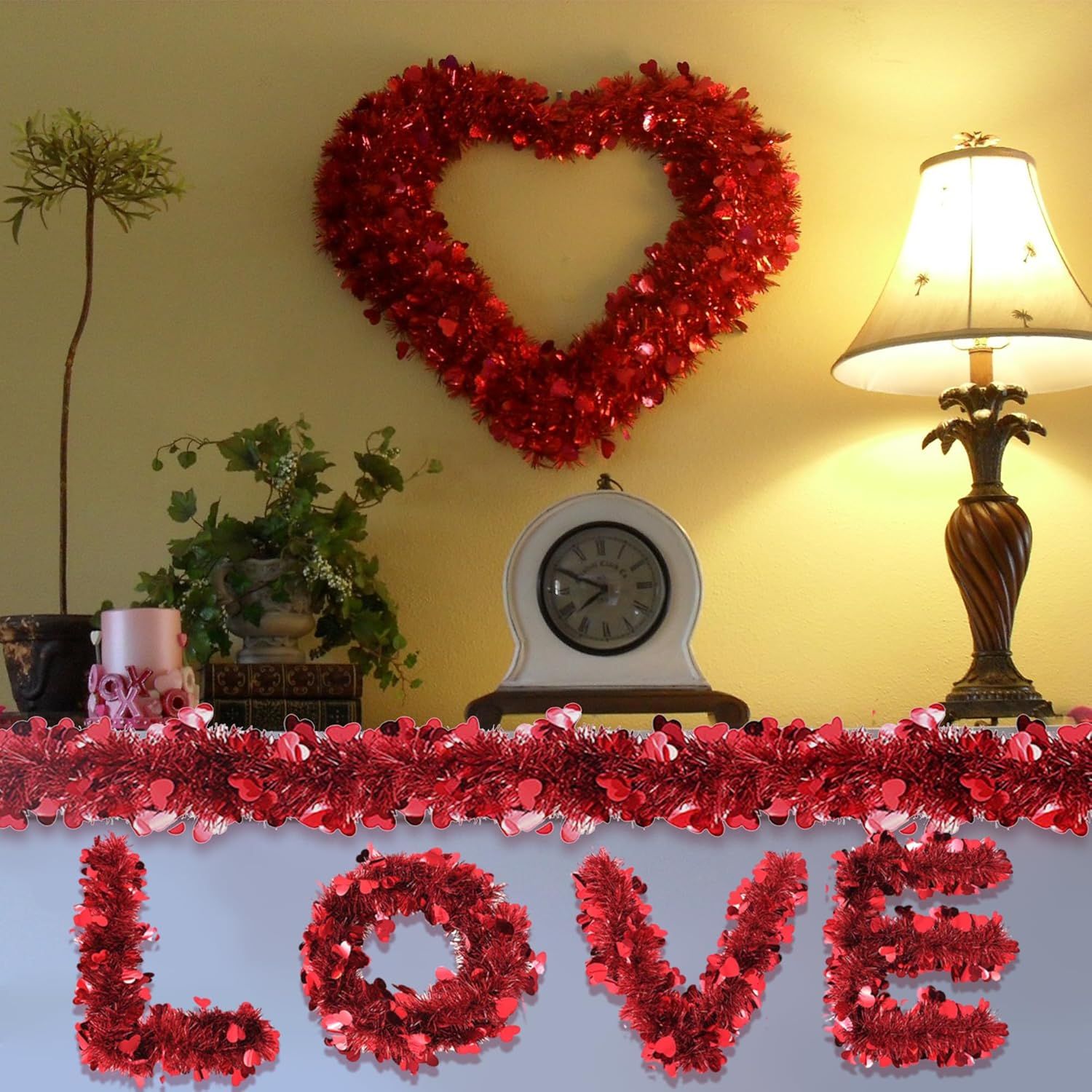 5Pcs 33Ft Valentine's Day Tinsel Garland, Red Heart Metallic Tinsel Twist Garland Shinny Hanging Heart Garlands for Tree Mantle Home Office Decor Wedding Anniversary Party Indoor Outdoor Decorations - Image 6