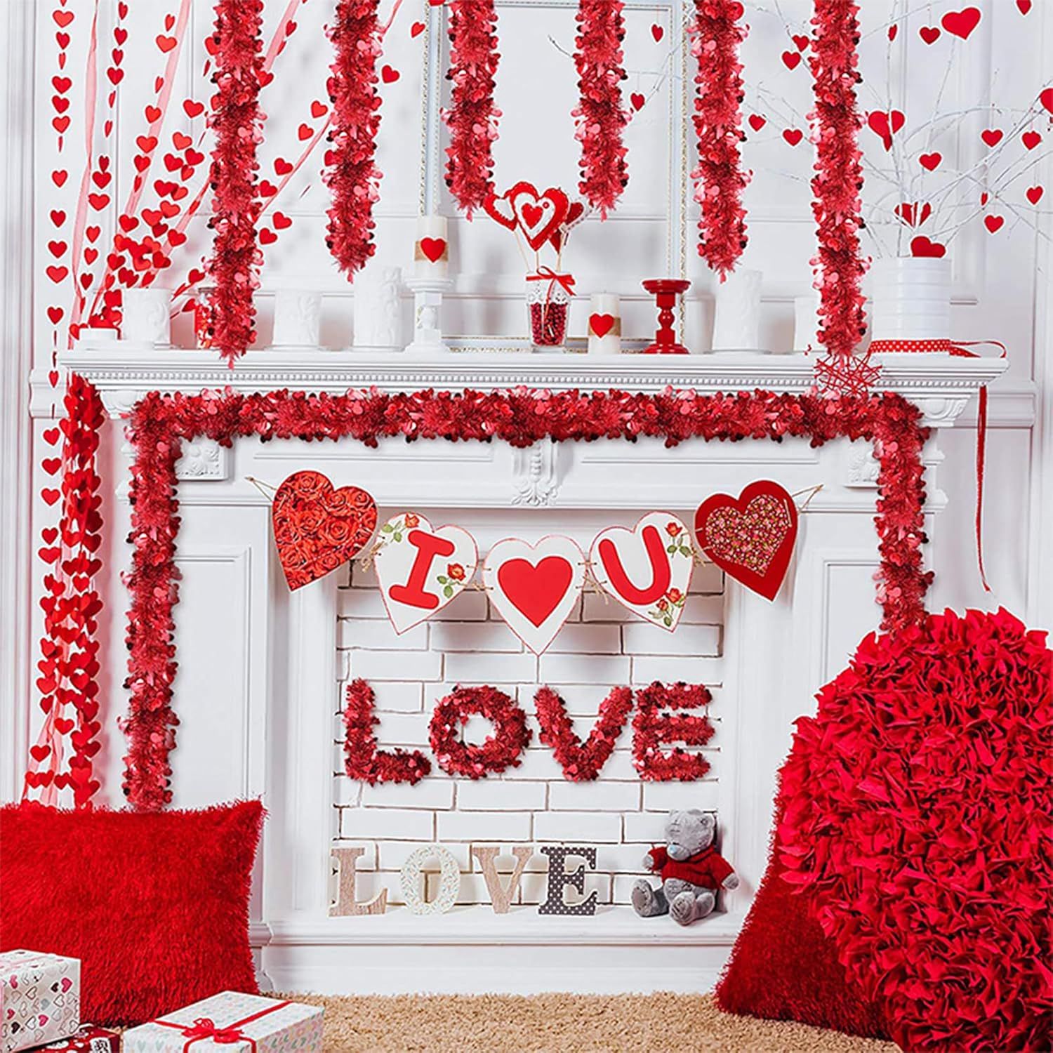 5Pcs 33Ft Valentine's Day Tinsel Garland, Red Heart Metallic Tinsel Twist Garland Shinny Hanging Heart Garlands for Tree Mantle Home Office Decor Wedding Anniversary Party Indoor Outdoor Decorations - Image 7