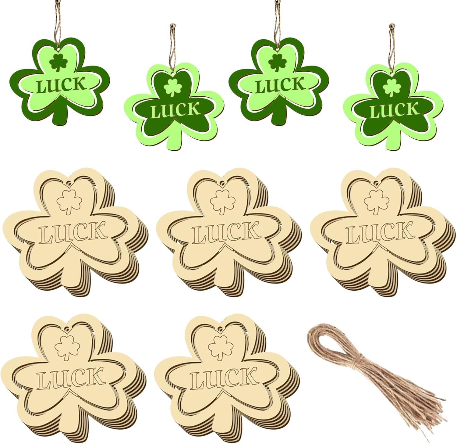 20Pcs Wooden Shamrock Ornaments to Paint, 3.2 Inch St. Patrick's Day Unfinished Wood Shamrock Cutouts, DIY Blank Luck Clover Shape Hanging Ornaments Ropes with for Crafts Tree Home Decor - Image 1