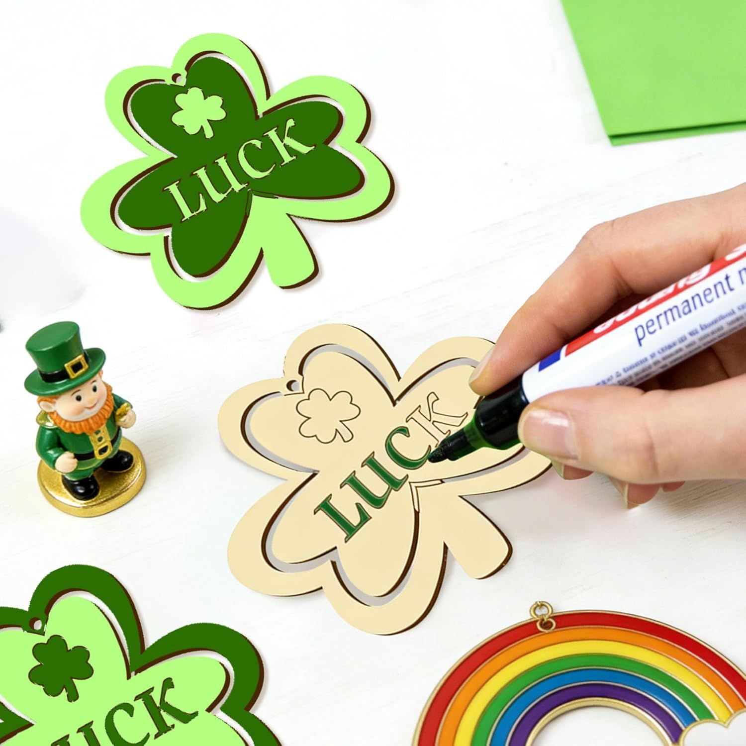 20Pcs Wooden Shamrock Ornaments to Paint, 3.2 Inch St. Patrick's Day Unfinished Wood Shamrock Cutouts, DIY Blank Luck Clover Shape Hanging Ornaments Ropes with for Crafts Tree Home Decor - Image 2