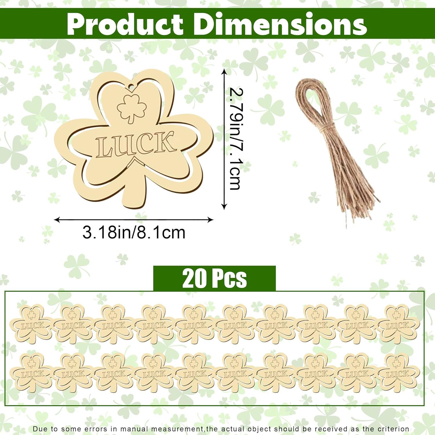 20Pcs Wooden Shamrock Ornaments to Paint, 3.2 Inch St. Patrick's Day Unfinished Wood Shamrock Cutouts, DIY Blank Luck Clover Shape Hanging Ornaments Ropes with for Crafts Tree Home Decor - Image 3