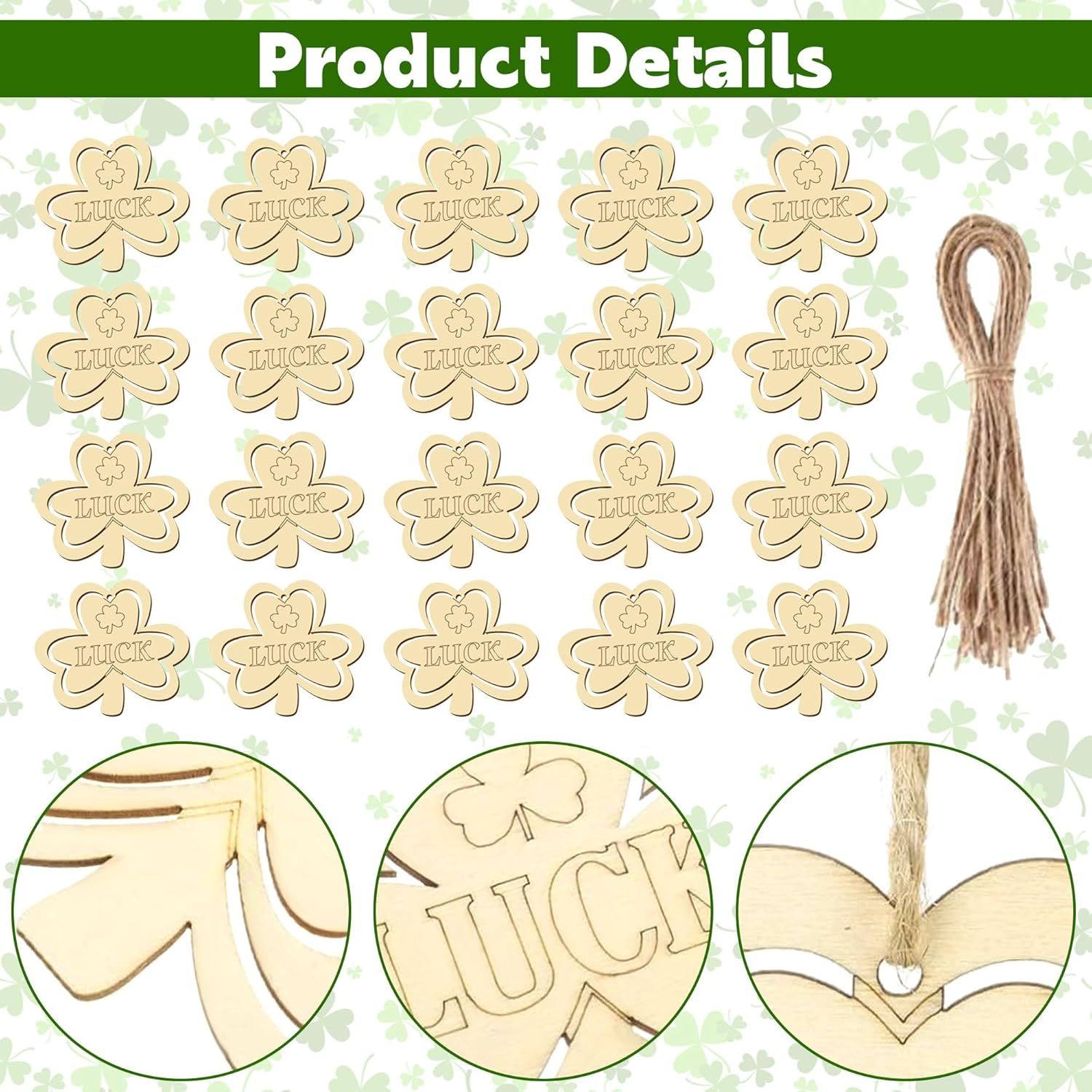 20Pcs Wooden Shamrock Ornaments to Paint, 3.2 Inch St. Patrick's Day Unfinished Wood Shamrock Cutouts, DIY Blank Luck Clover Shape Hanging Ornaments Ropes with for Crafts Tree Home Decor - Image 4