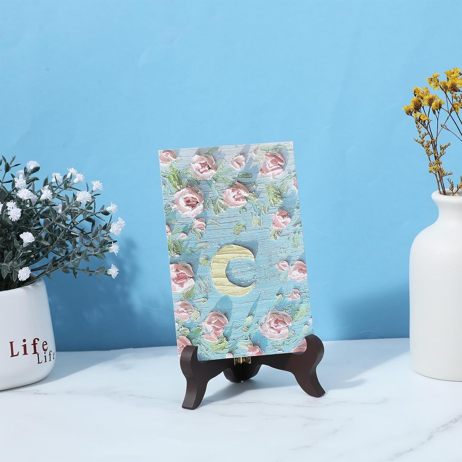 2 Pcs 3.94in Wooden Easel Plate Holder, Decorative Wooden Display Stand, Folding Small Easels for Display, Brown Small Picture Stands for Display Picture Frame Book Dish Artwork Easels - Image 2