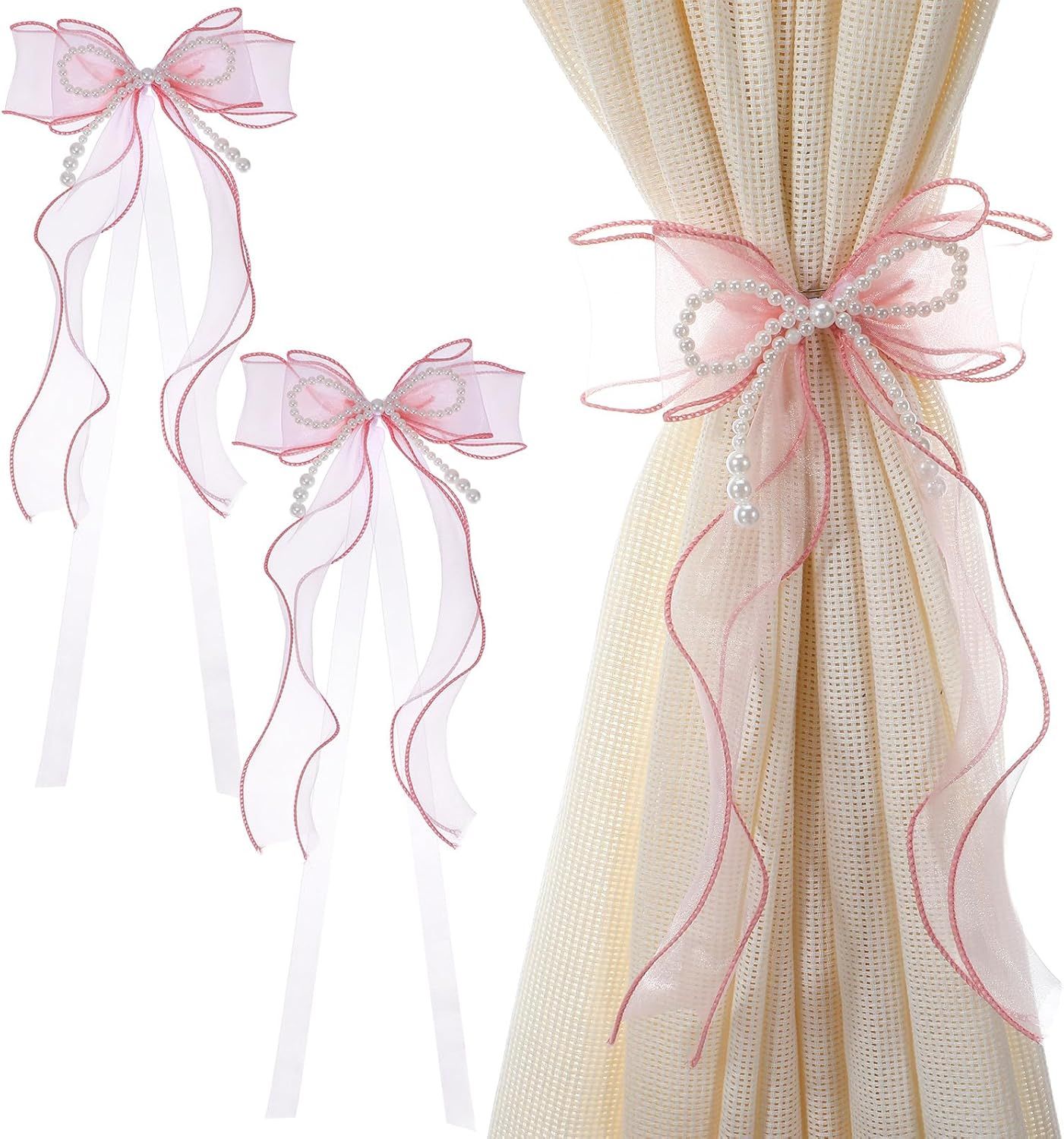 2PCS Pink Bow Curtain Tiebacks, Lace Ribbon Curtains Tie Backs for Room Decor Home Bedroom Living Women Girls Window Wedding Party Decor Accessories - Image 1