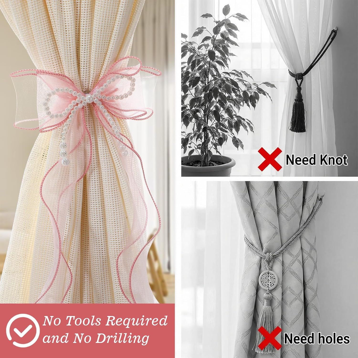 2PCS Pink Bow Curtain Tiebacks, Lace Ribbon Curtains Tie Backs for Room Decor Home Bedroom Living Women Girls Window Wedding Party Decor Accessories - Image 4