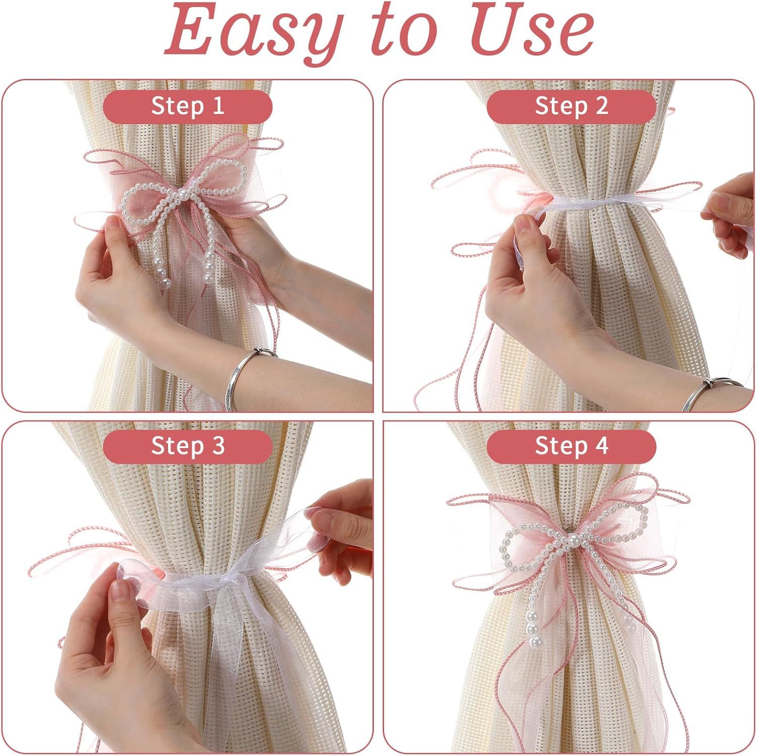 2PCS Pink Bow Curtain Tiebacks, Lace Ribbon Curtains Tie Backs for Room Decor Home Bedroom Living Women Girls Window Wedding Party Decor Accessories - Image 7