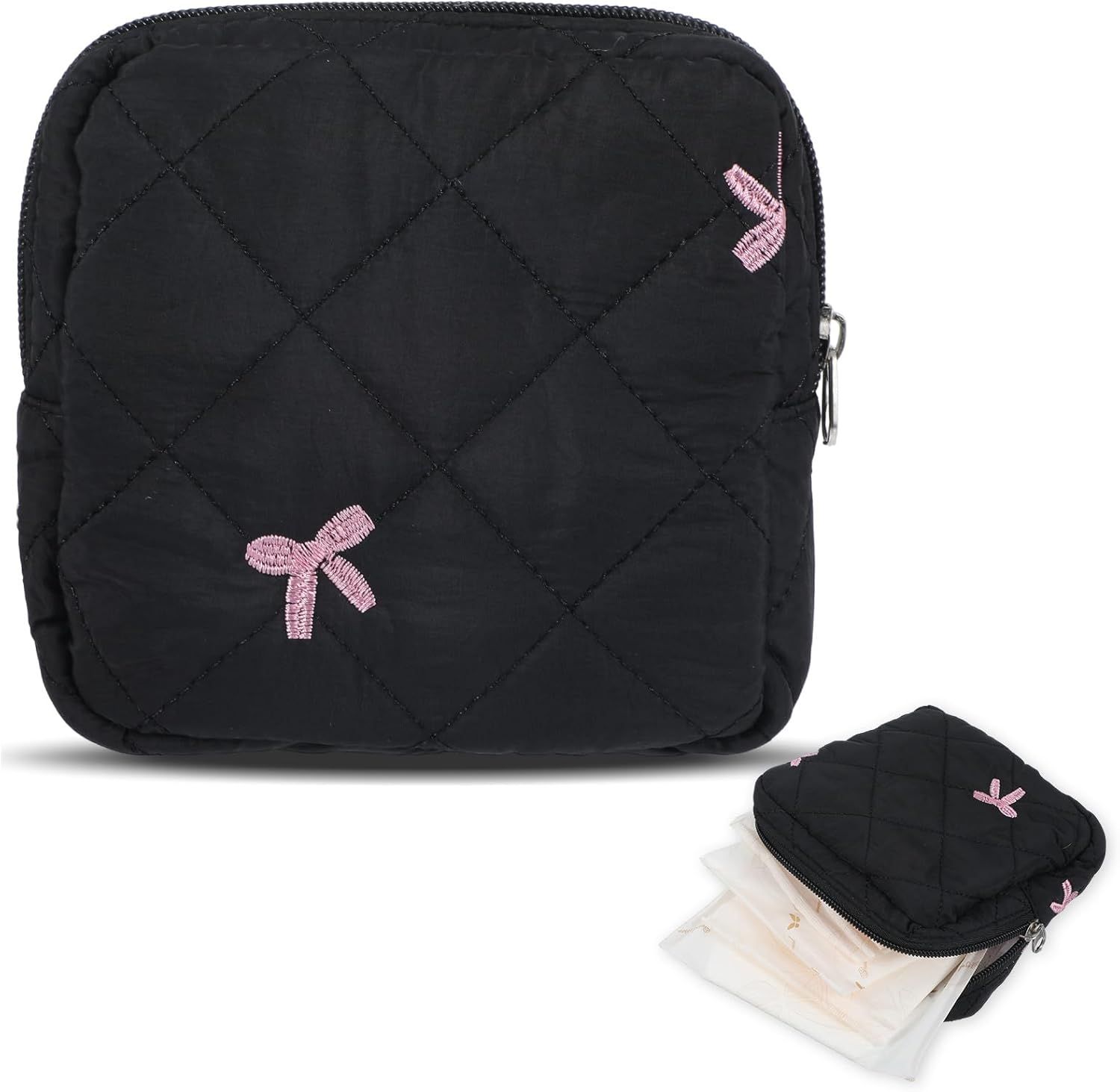Portable Period Bags for Girls, Cute Bow Period Pouch for Pads Sanitary Napkins Small Tampons, Sanitary Napkin Storage Bag First Gifts for Girls (Black) - Image 1