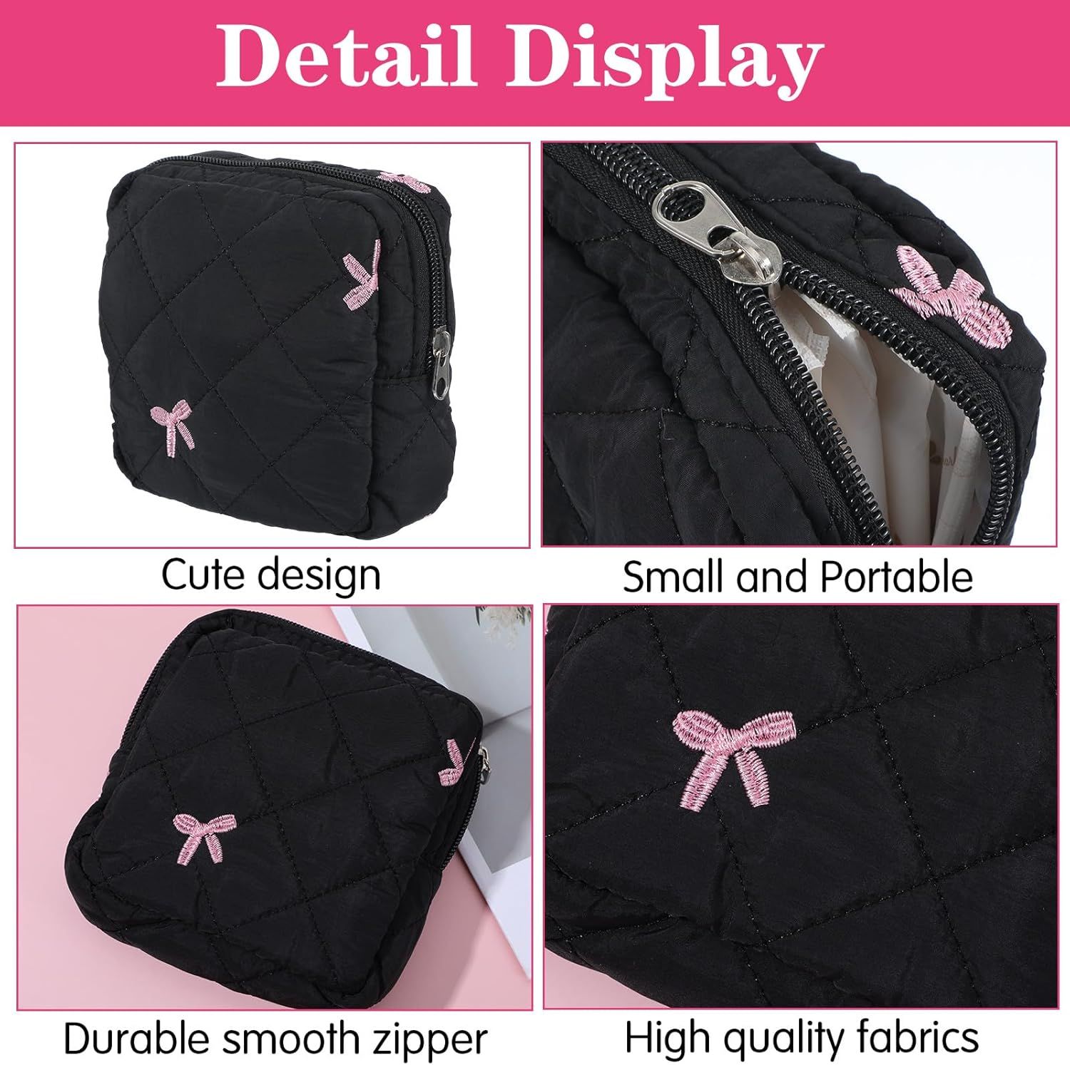 Portable Period Bags for Girls, Cute Bow Period Pouch for Pads Sanitary Napkins Small Tampons, Sanitary Napkin Storage Bag First Gifts for Girls (Black) - Image 3