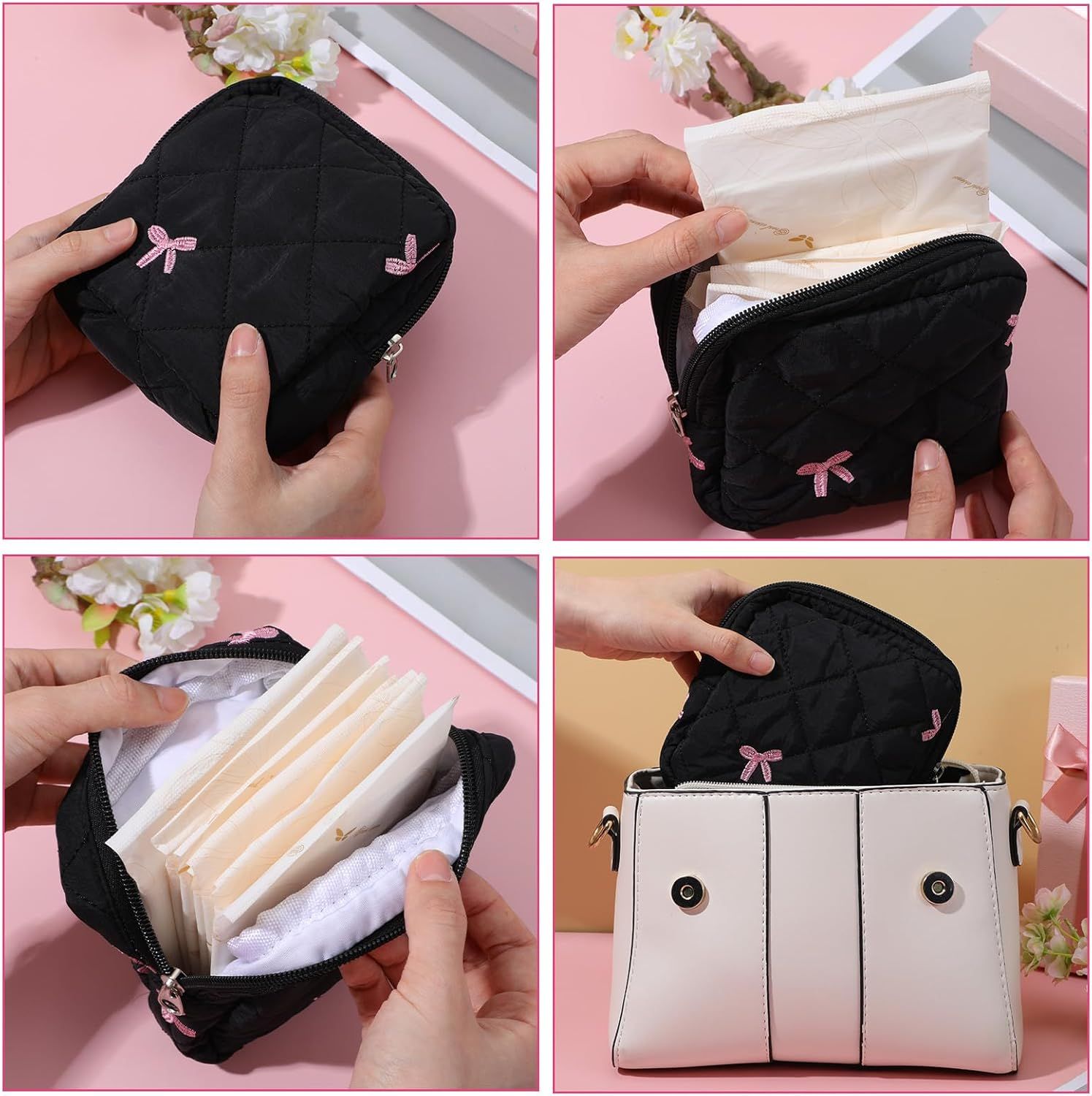 Portable Period Bags for Girls, Cute Bow Period Pouch for Pads Sanitary Napkins Small Tampons, Sanitary Napkin Storage Bag First Gifts for Girls (Black) - Image 4