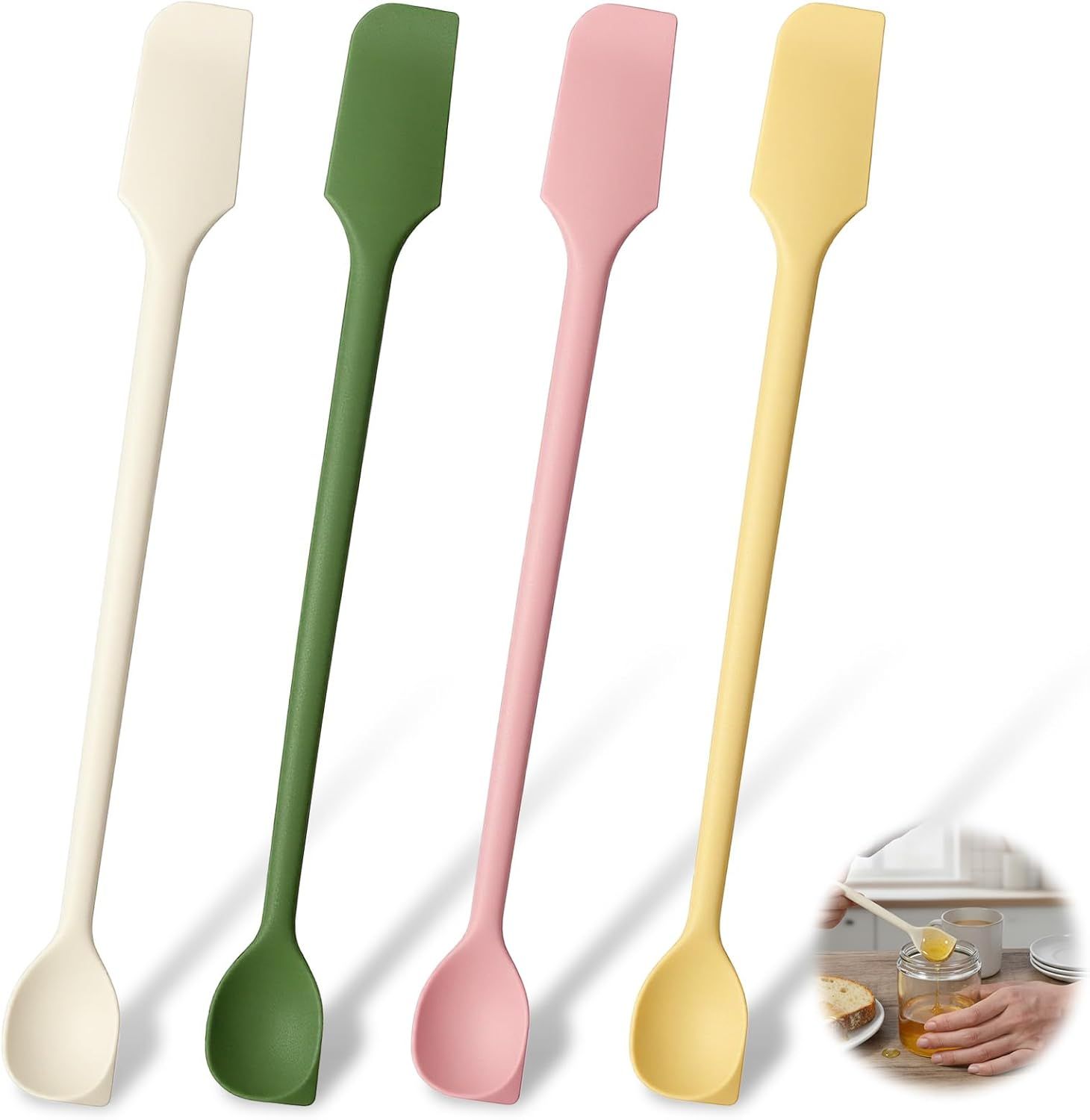 4 Pcs Long Dual-End Silicone Spatula, Small Spatula & Stirring Spoons for Jam Jars & Makeup, Thin Curved End for Scraping, Slim Spoon End for Scooping and Mixing (10.43 Inch) - Image 1