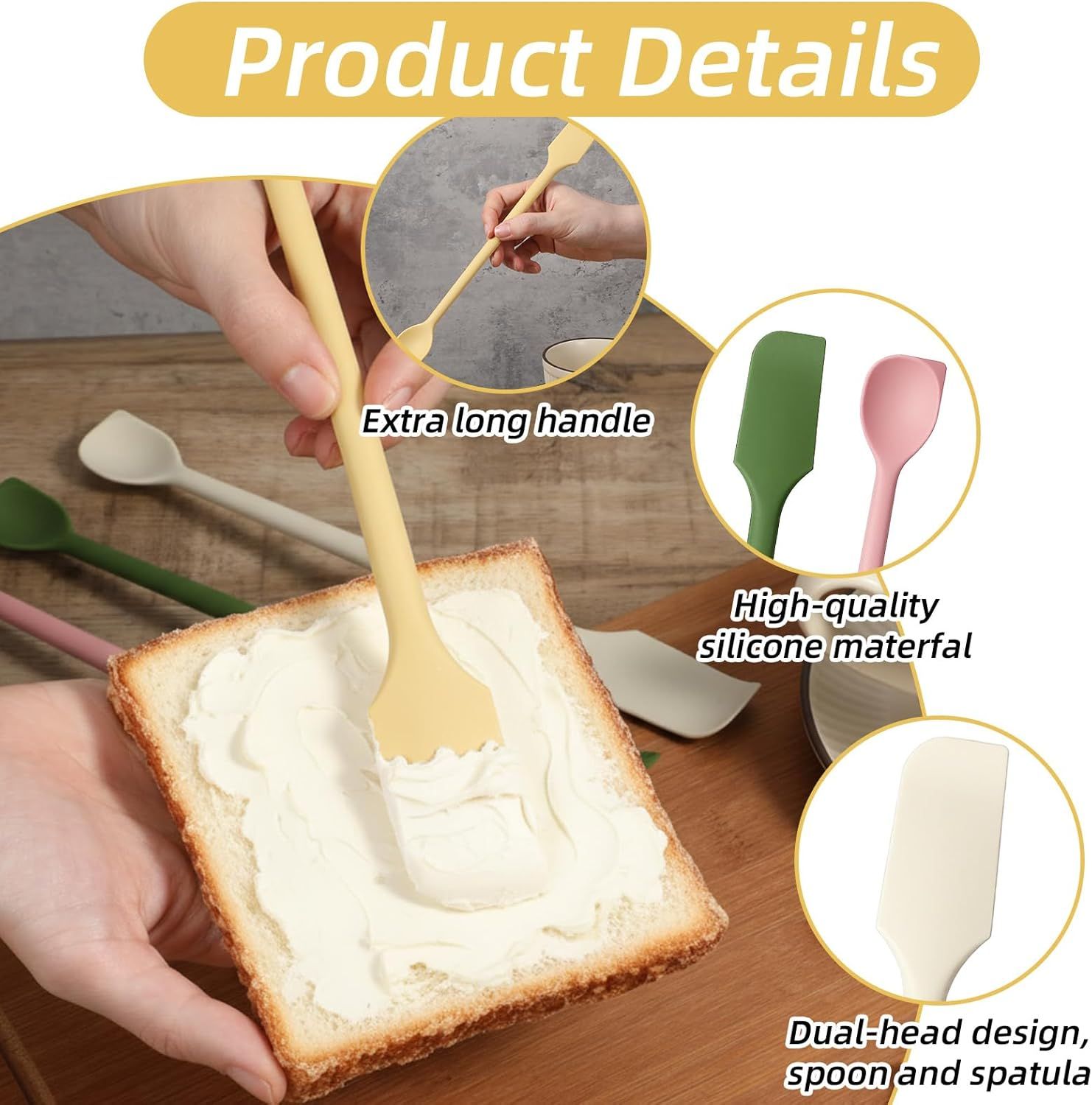 4 Pcs Long Dual-End Silicone Spatula, Small Spatula & Stirring Spoons for Jam Jars & Makeup, Thin Curved End for Scraping, Slim Spoon End for Scooping and Mixing (10.43 Inch) - Image 4