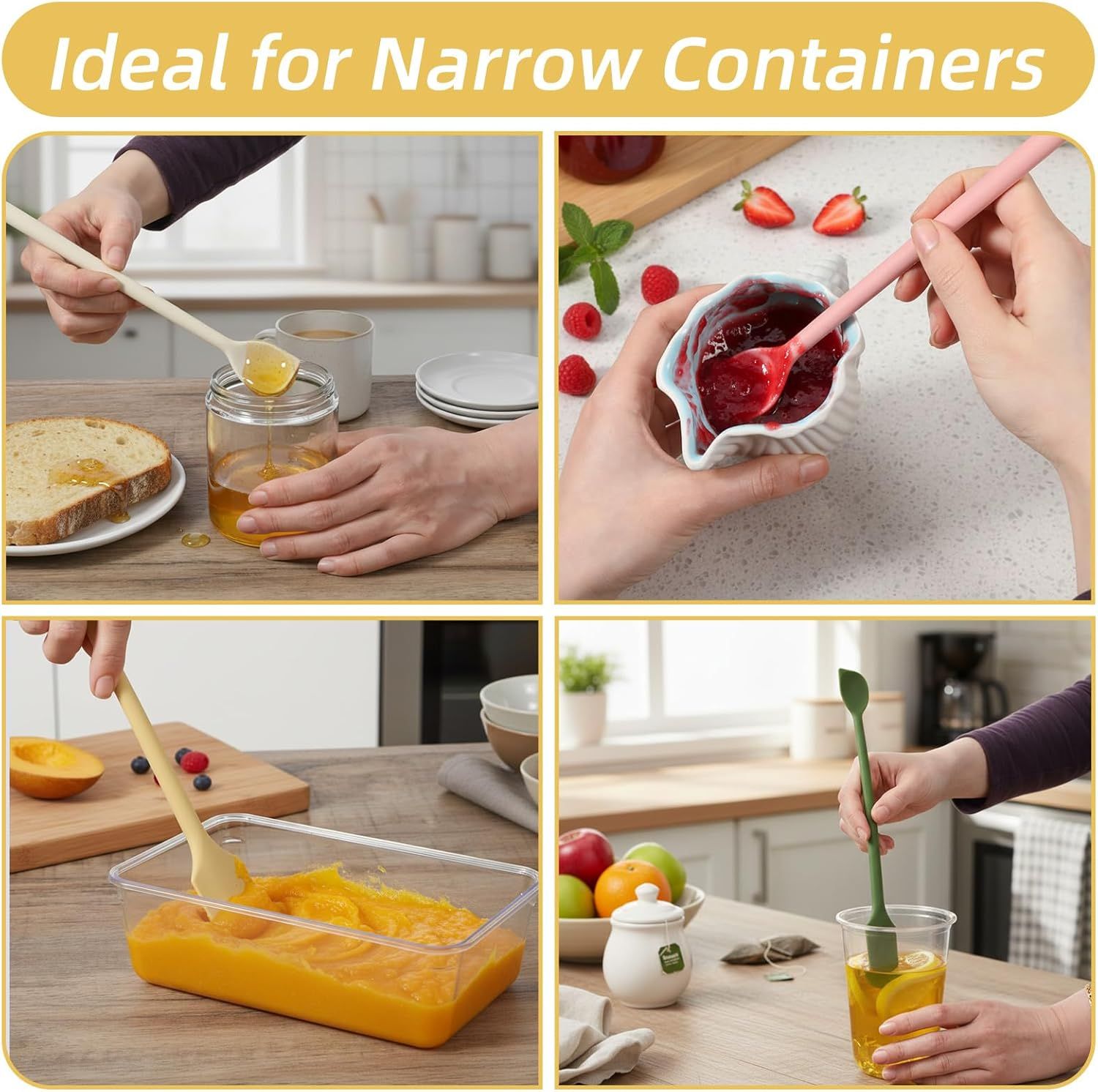 4 Pcs Long Dual-End Silicone Spatula, Small Spatula & Stirring Spoons for Jam Jars & Makeup, Thin Curved End for Scraping, Slim Spoon End for Scooping and Mixing (10.43 Inch) - Image 6
