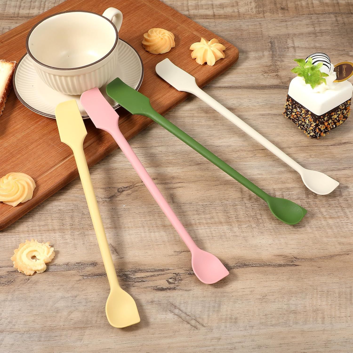 4 Pcs Long Dual-End Silicone Spatula, Small Spatula & Stirring Spoons for Jam Jars & Makeup, Thin Curved End for Scraping, Slim Spoon End for Scooping and Mixing (10.43 Inch) - Image 7