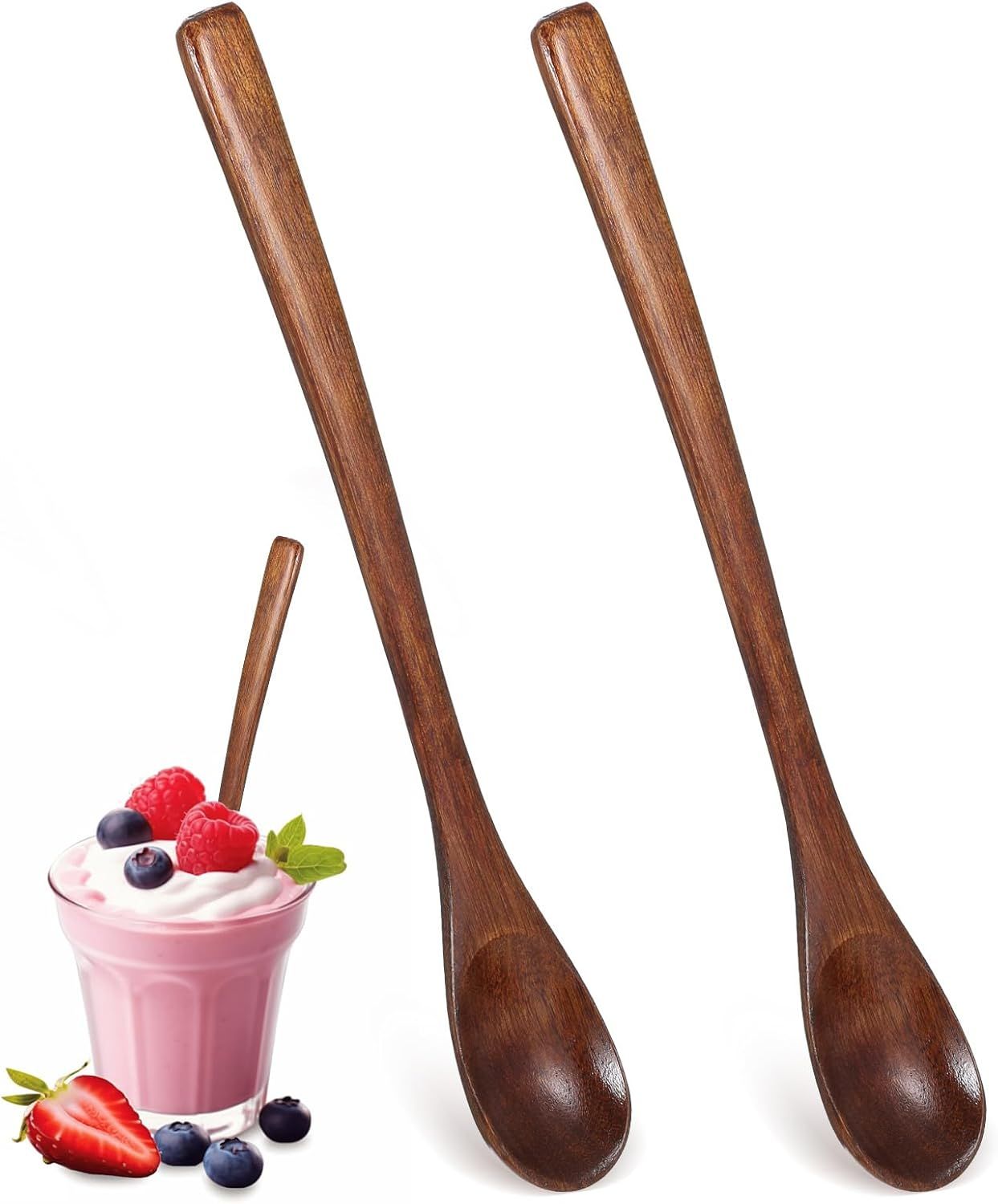 2PCS Long Wooden Spoons for Eating, 7.7 Inch Wooden Honey Spoon, Long Teaspoon Coffee Spoon for Mixing Kitchen Bar Restaurant Tea Dessert - Image 1