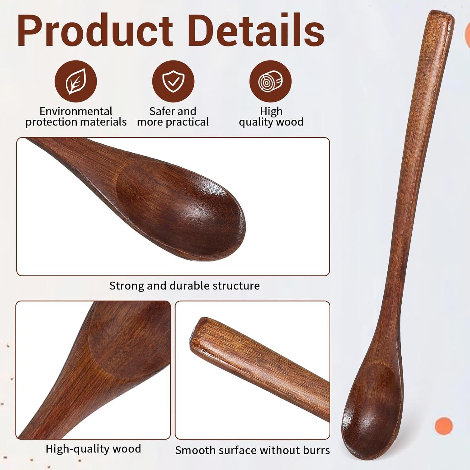 2PCS Long Wooden Spoons for Eating, 7.7 Inch Wooden Honey Spoon, Long Teaspoon Coffee Spoon for Mixing Kitchen Bar Restaurant Tea Dessert - Image 4