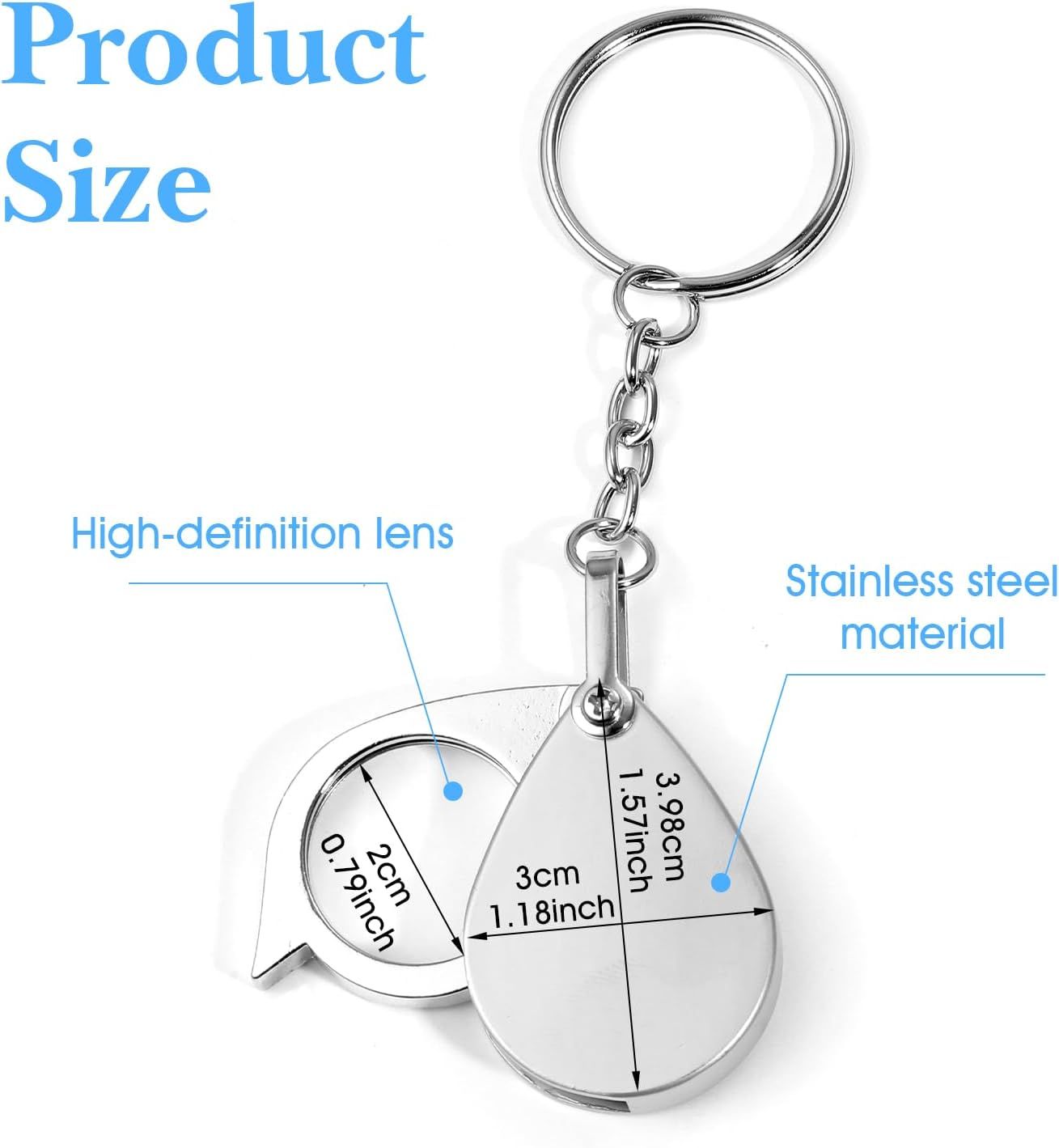 2 Pcs 10x Mini Pocket Magnifying Glass, Small Rotating Folding Jewelry Loupe, Stainless Steel Portable Pocket Magnifier with Keychain for Reading, Coin, Jewelry or Exploring (Silver, Boxed) - Image 3